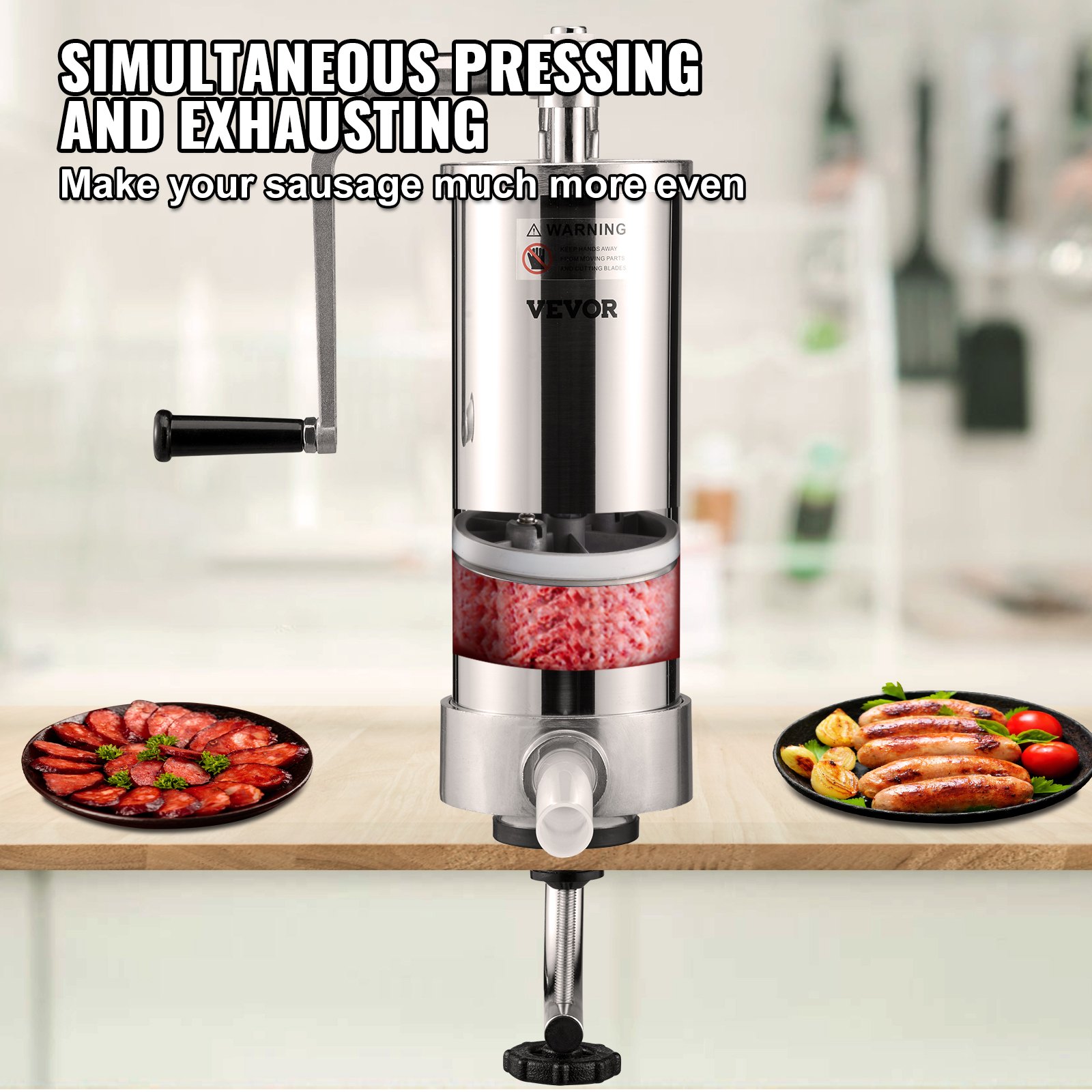 VEVOR Embutidora Manual de Salchichas Capacidad de 3 L Embutidora Vertical de Mesa de Acero Inoxidable con 3 Tubos de Relleno para Churros Salchichas de 16mm/19mm/22mm para Restaurante Supermercado