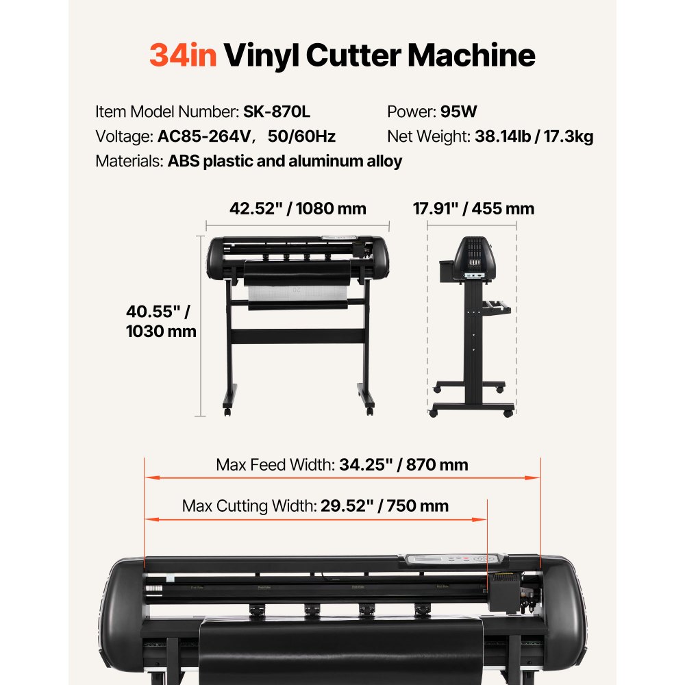 VEVOR Máquina de Corte de Vinilo, con Ancho de Alimentación Máximo de 87 cm, Cuchillas Dobles y Pantalla LED, Precisión de ±0,1 mm, Compatible con Windows y MacOS, Negro, 1080 x 455 x 1030 mm