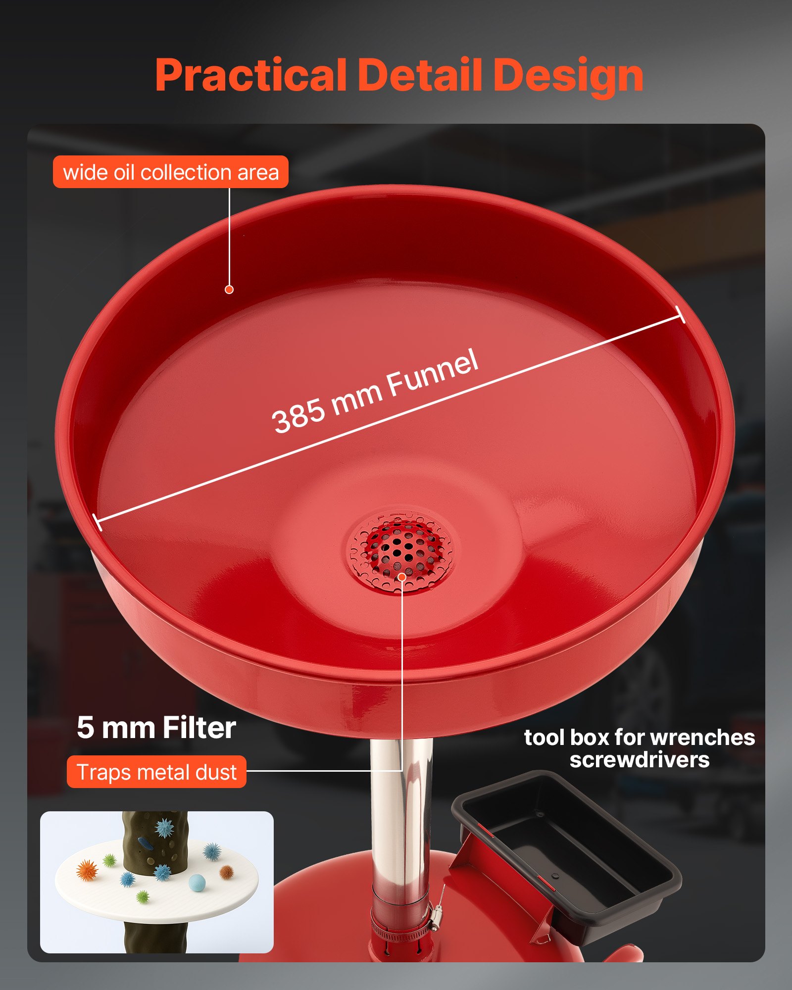 VEVOR Tanque de Drenaje de Aceite Usado, Drenaje de Aceite Manual Portátil 30 L con Embudo Ajustable, Ruedas, Caja de Herramientas, Drenador de Combustible para Taller de Reparación de Coches, Rojo