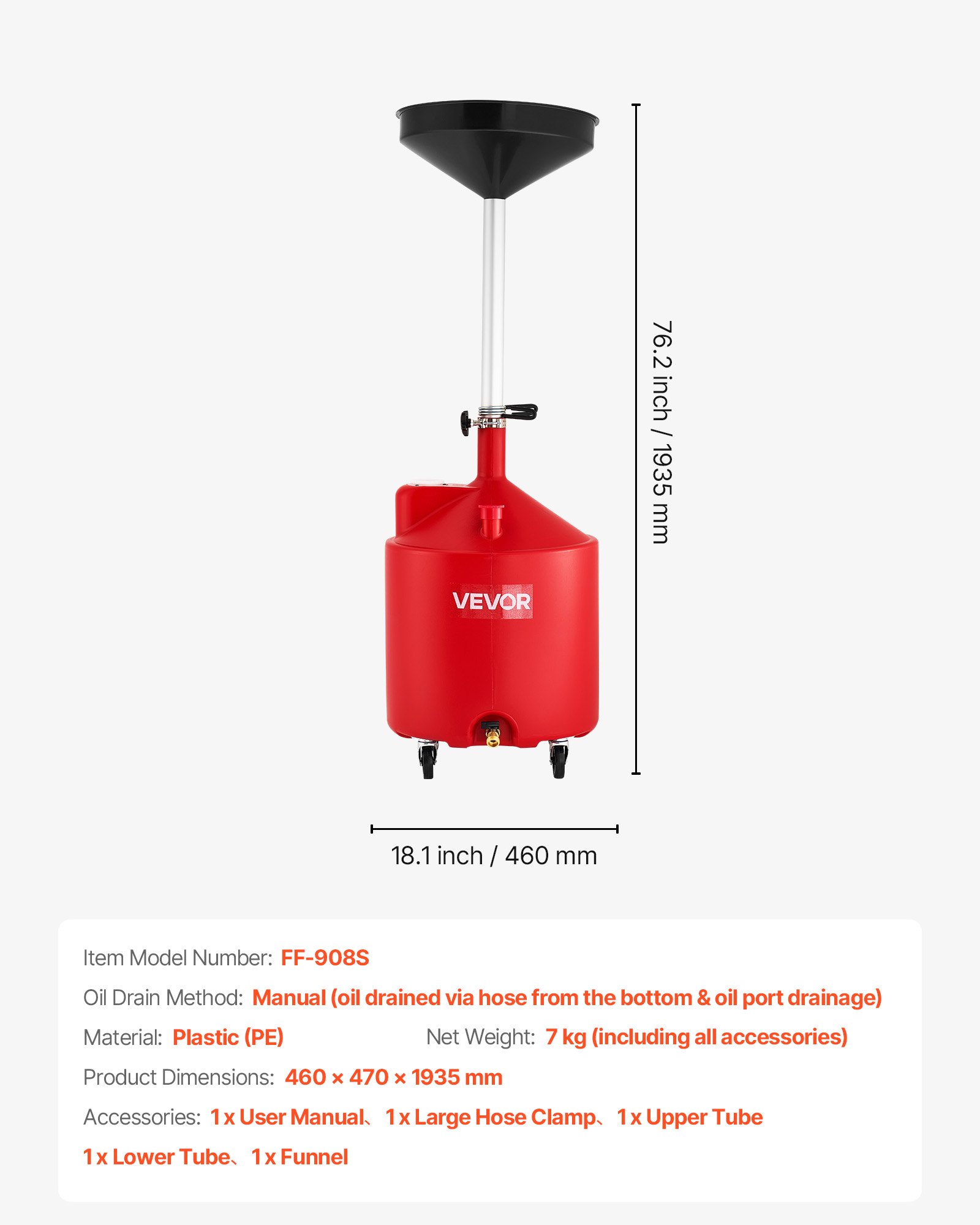 VEVOR 68L Waste Oil Drain Tank, Industrial Fluid Drain Tank with Adjustable Funnel Height, Portable Oil Drainer with Wheels, Fluid Fuel Transfer Drainage for Auto Repair Shops, Garages, Red