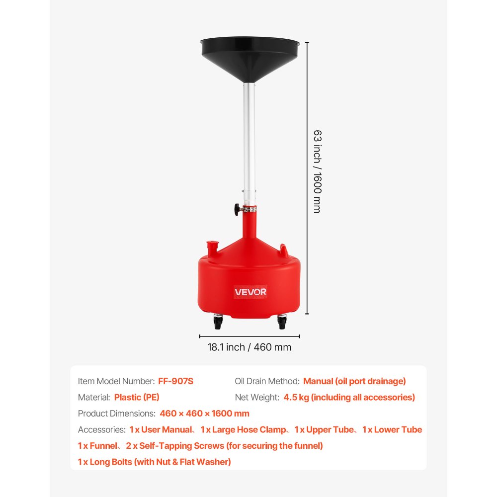 VEVOR 30L Waste Oil Drain Tank, Industrial Fluid Drain Tank with Adjustable Funnel Height, Portable Oil Drainer with Wheels, Fluid Fuel Transfer Drainage for Auto Repair Shops, Garages, Red