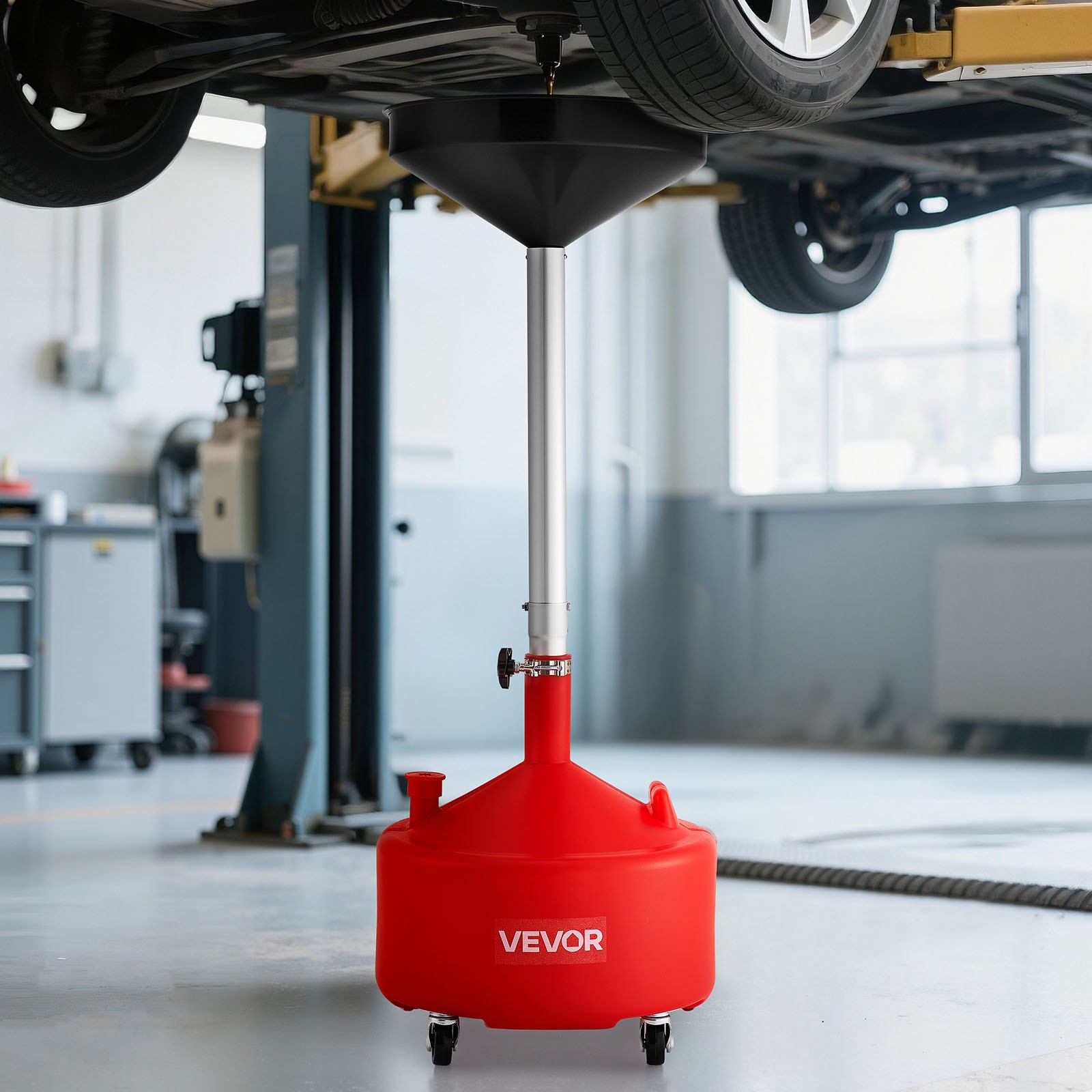 VEVOR 30L Waste Oil Drain Tank, Industrial Fluid Drain Tank with Adjustable Funnel Height, Portable Oil Drainer with Wheels, Fluid Fuel Transfer Drainage for Auto Repair Shops, Garages, Red