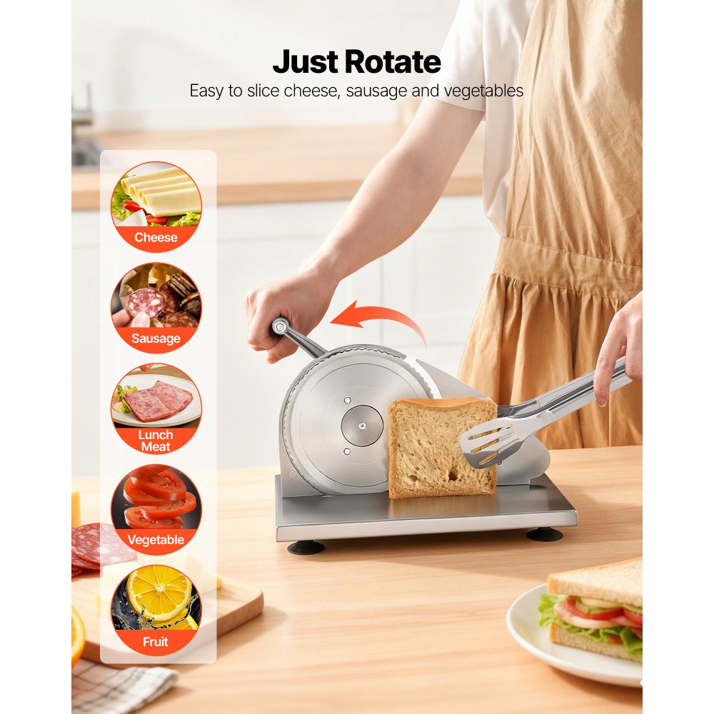 VEVOR Máquina de Cortar Pan Manual Grosor Ajustable de 0 a 15 mm, Rebanadora de Pan con Manivela, Cuchilla de Acero Inoxidable Microdentada, para Cocina, Panadería, Fiestas, 310 x 255 x 190 mm