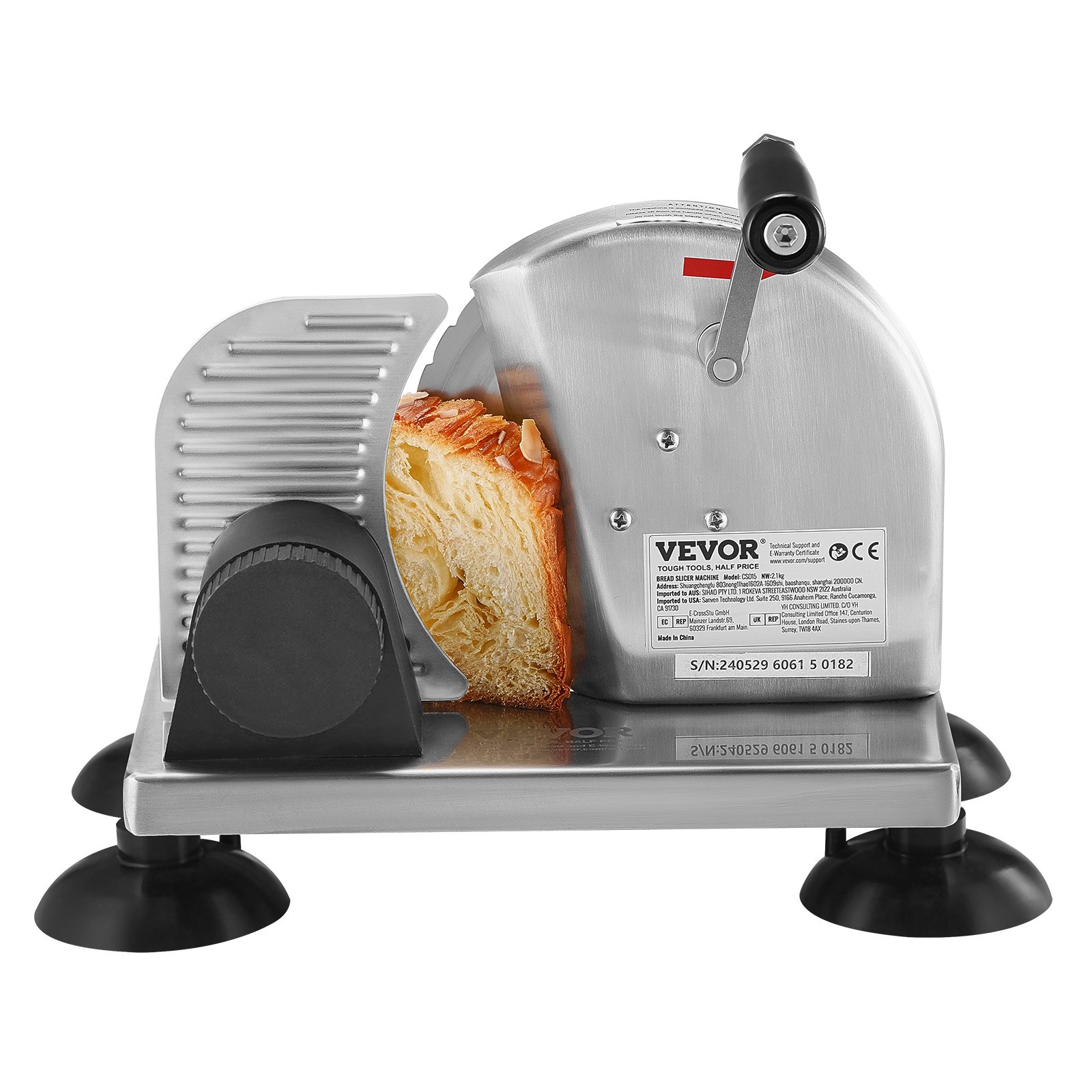 Cortadora de pan VEVOR que corta una hogaza de pan, con cuerpo de acero inoxidable y patas con ventosa.
