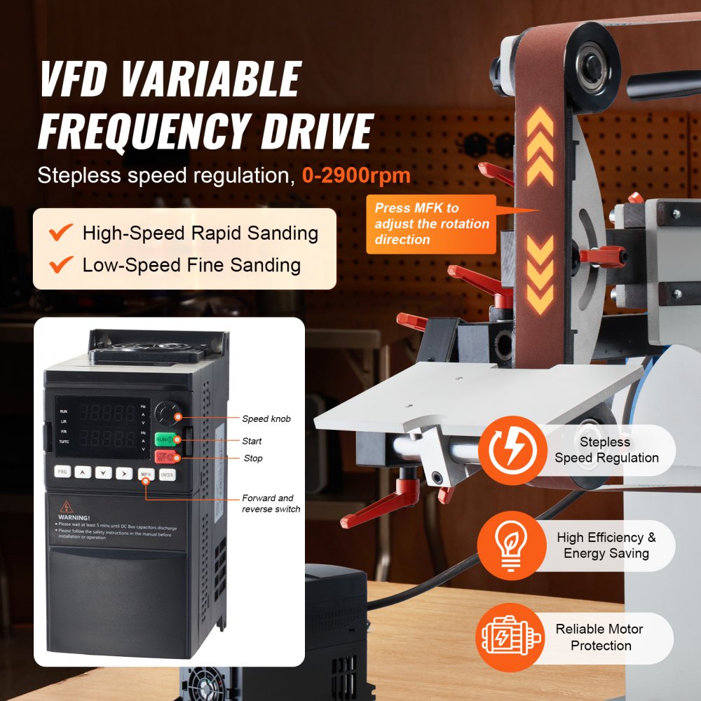Lijadora de banda VEVOR, pulidora de banda de velocidad variable de 72 x 2 pulgadas con VFD, afilador de cuchillos de 1500 W con 3 moldes de pulido y 3 bandas de lijado para trabajar metales, compatible con bandas de 72" a 82 x 2