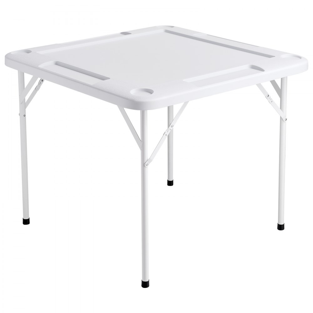 VEVOR Mesa Mahjong, Mesa de Cartas Plegable Cuadrada para 4 Jugadores con 4 Portavasos y 4 Bandejas para Fichas, Mesa de Juego de dominó Portátil con 1 Juego de Dominó, Blanco, 900 x 900 x 740 mm
