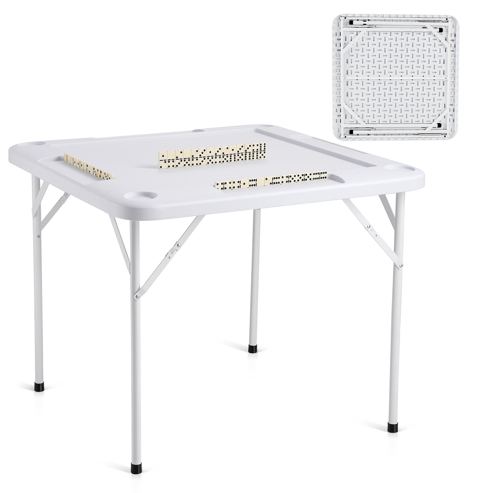 VEVOR Mahjong Table, Domino Table, Foldable Card Table for 4 Players with 4 Drink Holders & 4 Chip Trays, Portable Domino Game Table with 1 Set of Dominoes for Mahjong, Poker, and Puzzles
