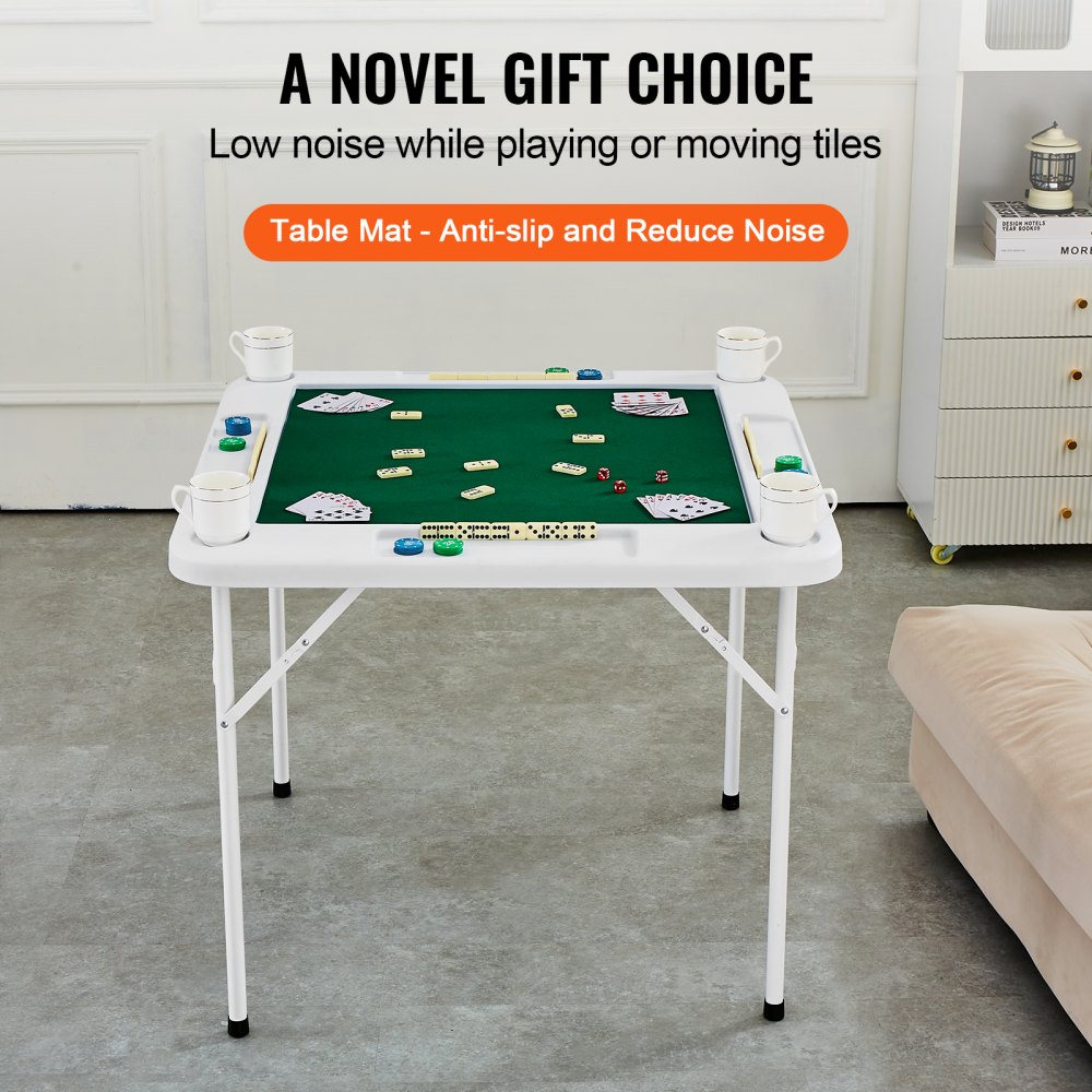 VEVOR Mesa Mahjong, Mesa de Dominó Plegable para 4 Jugadores con Tablero Verde Resistente al Desgaste, Mesa de Cartas Cuadrada Portátil con 4 Portavasos y 4 Bandejas de Fichas, 900 x 900 x 740 mm