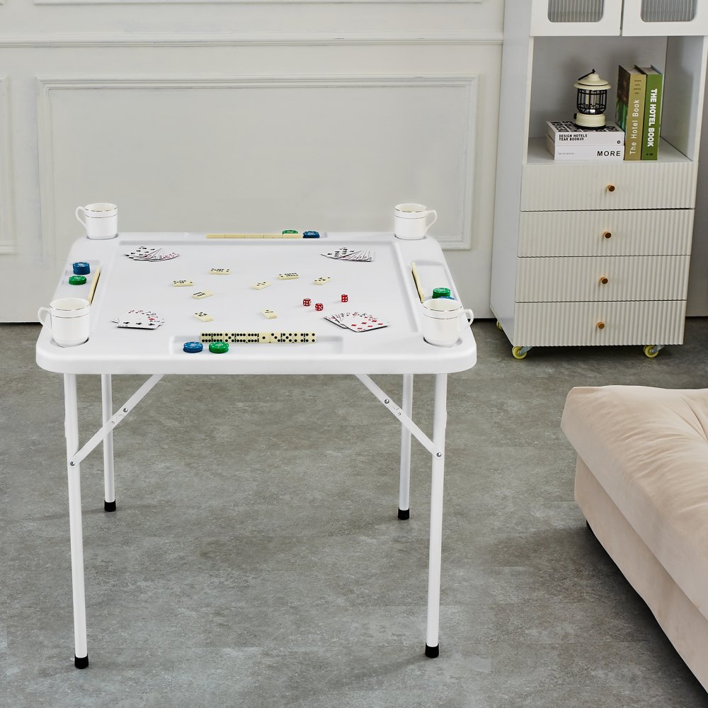 VEVOR Mesa Mahjong, Mesa de Dominó Plegable para 4 Jugadores con Tablero Verde Resistente al Desgaste, Mesa de Cartas Cuadrada Portátil con 4 Portavasos y 4 Bandejas de Fichas, 900 x 900 x 740 mm
