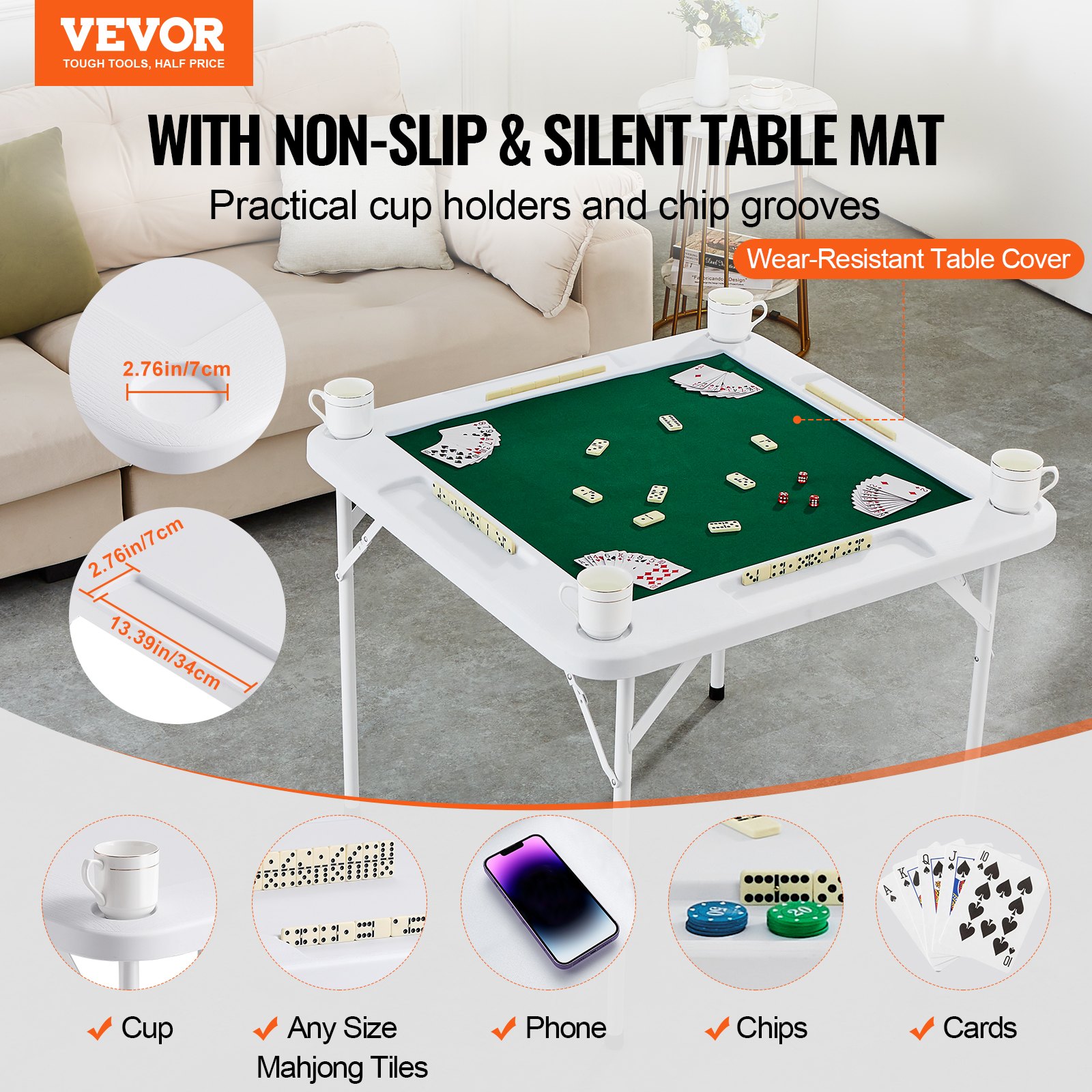 VEVOR Mesa Mahjong, Mesa de Dominó Plegable para 4 Jugadores con Tablero Verde Resistente al Desgaste, Mesa de Cartas Cuadrada Portátil con 4 Portavasos y 4 Bandejas de Fichas, 900 x 900 x 740 mm