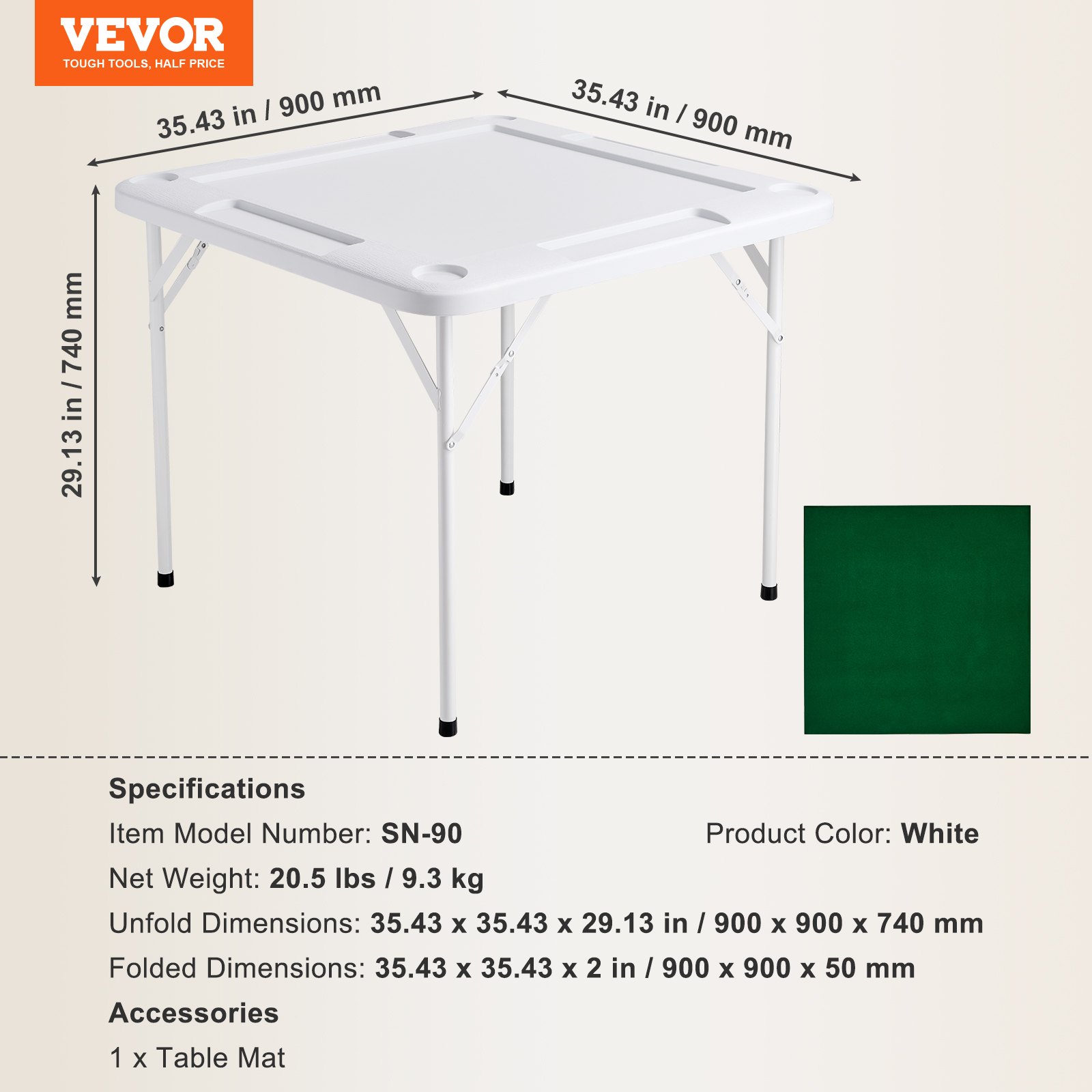 VEVOR Mesa Mahjong, Mesa de Dominó Plegable para 4 Jugadores con Tablero Verde Resistente al Desgaste, Mesa de Cartas Cuadrada Portátil con 4 Portavasos y 4 Bandejas de Fichas, 900 x 900 x 740 mm