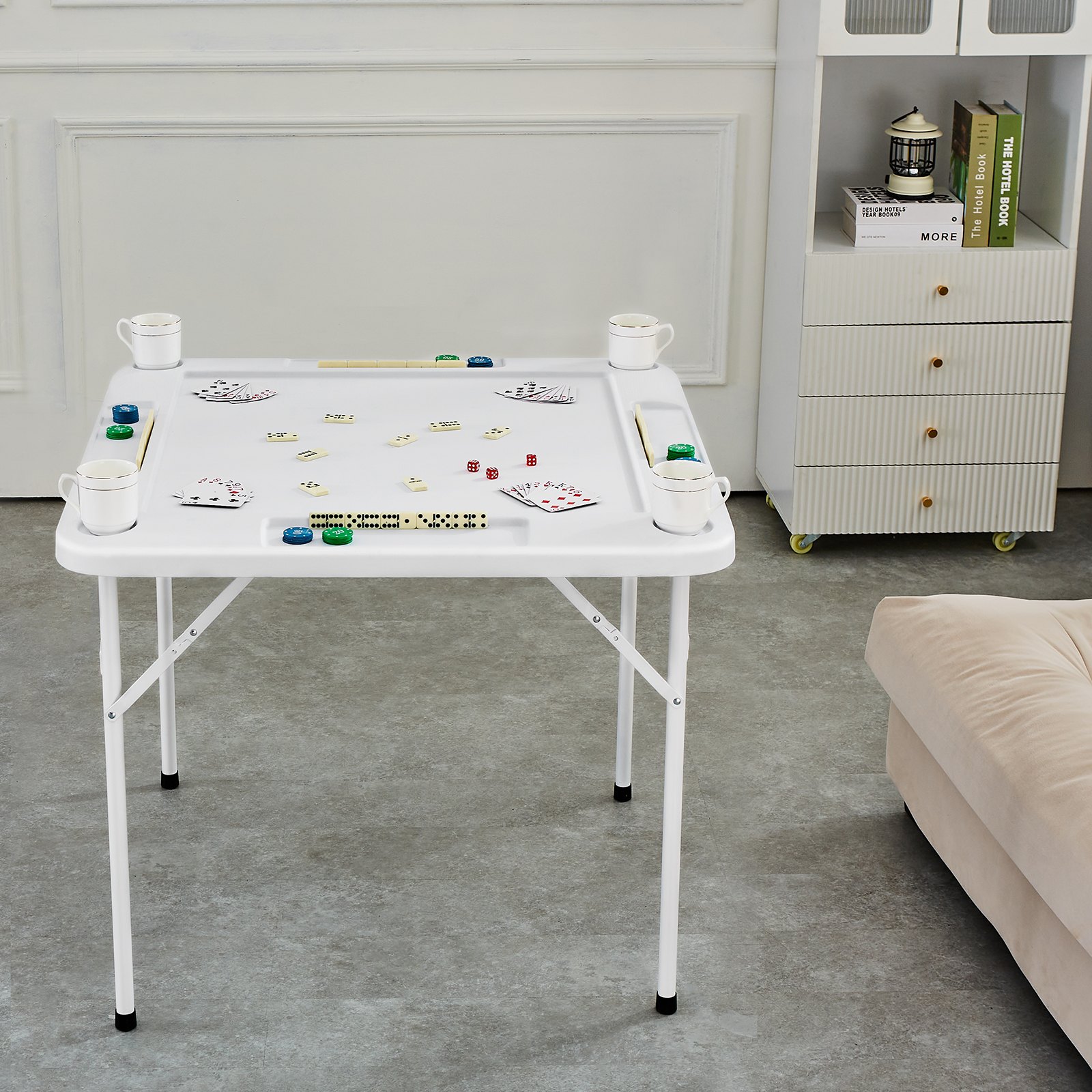 VEVOR Mesa Mahjong, Mesa de Dominó Plegable para 4 Jugadores con Tablero Verde Resistente al Desgaste, Mesa de Cartas Cuadrada Portátil con 4 Portavasos y 4 Bandejas de Fichas, 900 x 900 x 740 mm