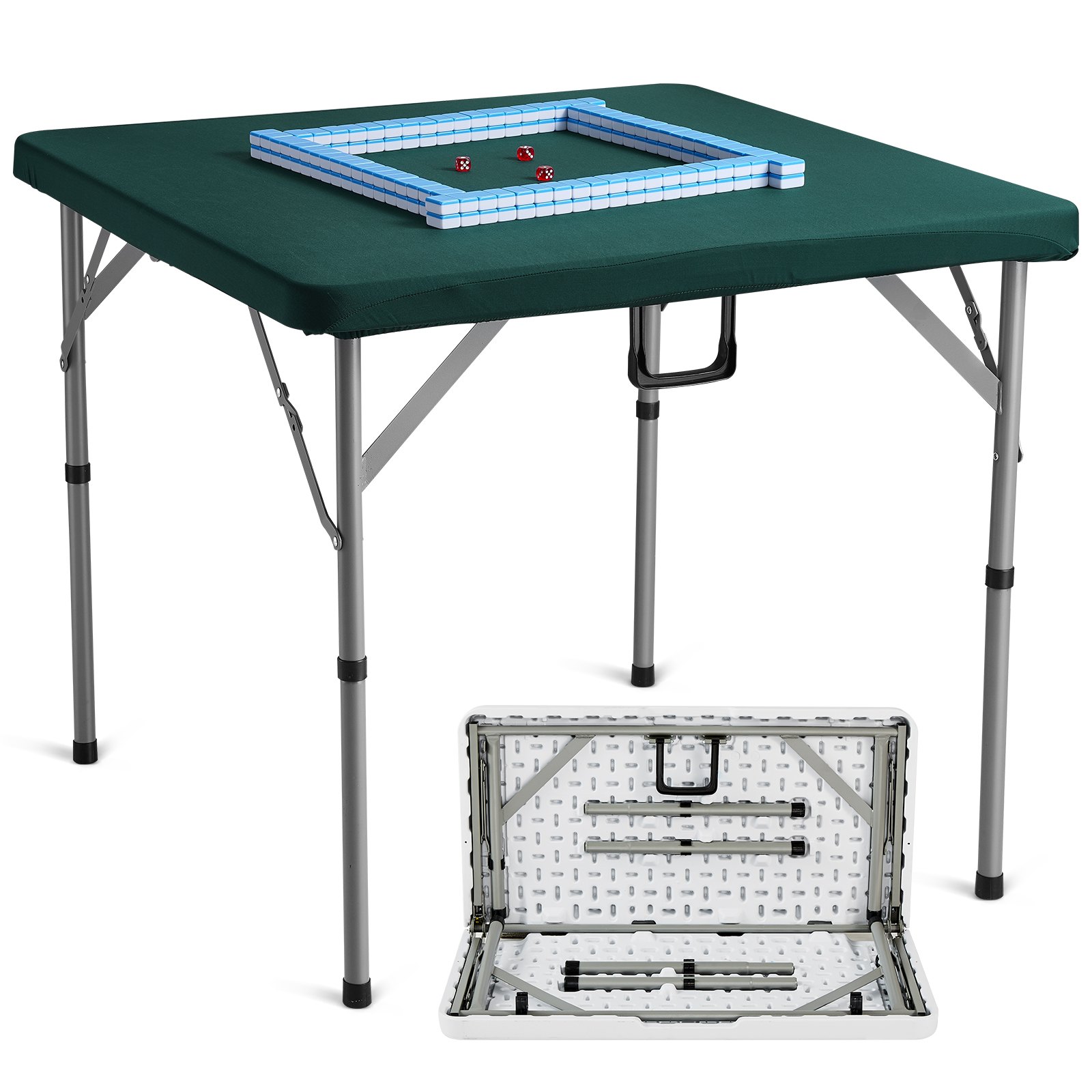 VEVOR Mesa Mahjong con Juego de Fichas Mahjong, Mesa de Cartas Plegable por la Mitad para 4 Jugadores con 144 Piezas de Fichas Mahjong y 3 Dados, Mesa de Dominó Plegable Portátil con Tablero Verde