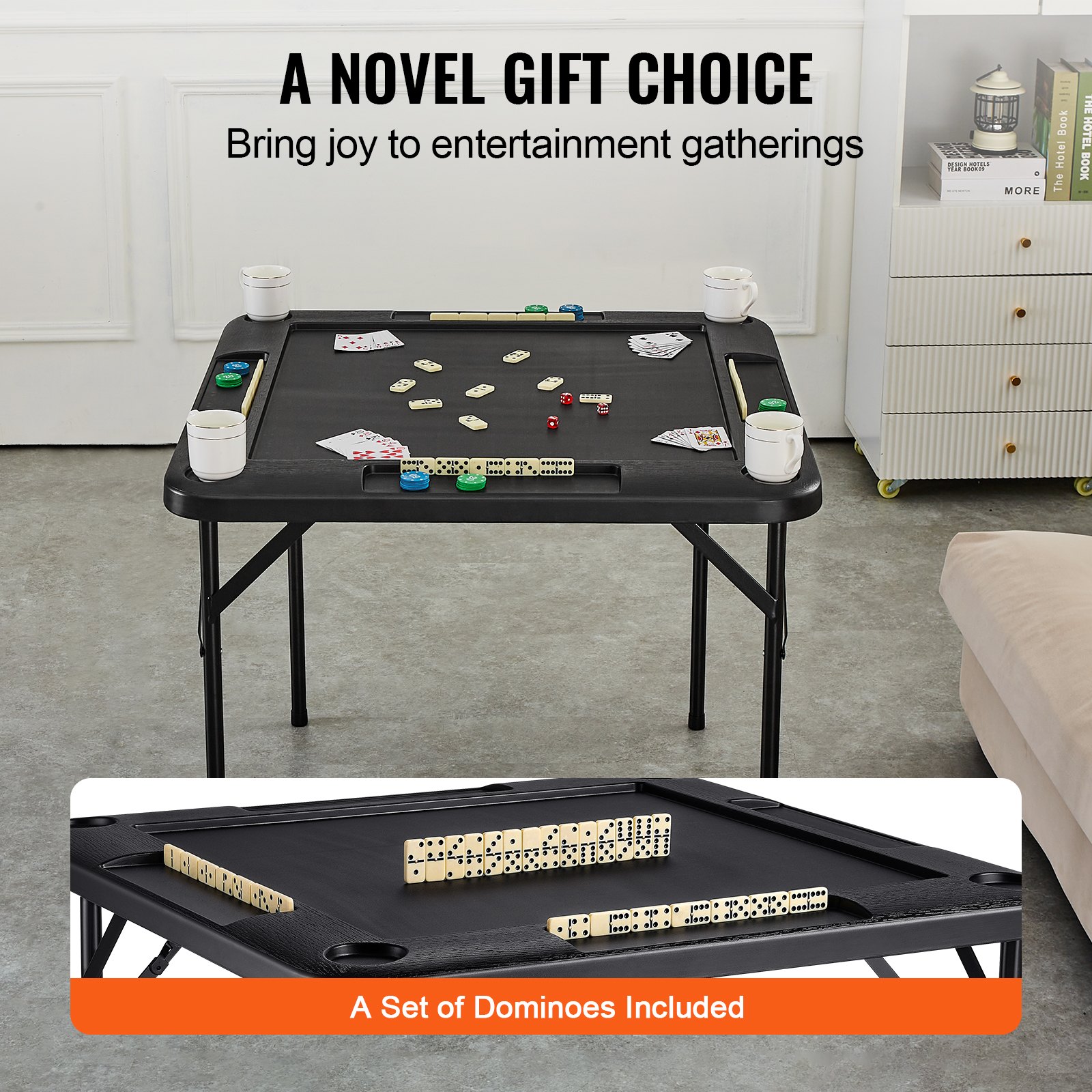 VEVOR Mesa Mahjong, Mesa de Cartas Plegable Cuadrada para 4 Jugadores con 4 Portavasos y 4 Bandejas para Chips, Mesa de Juego de Dominó Portátil con 1 Juego de Dominó, 900 x 900 x 740 mm, Negro