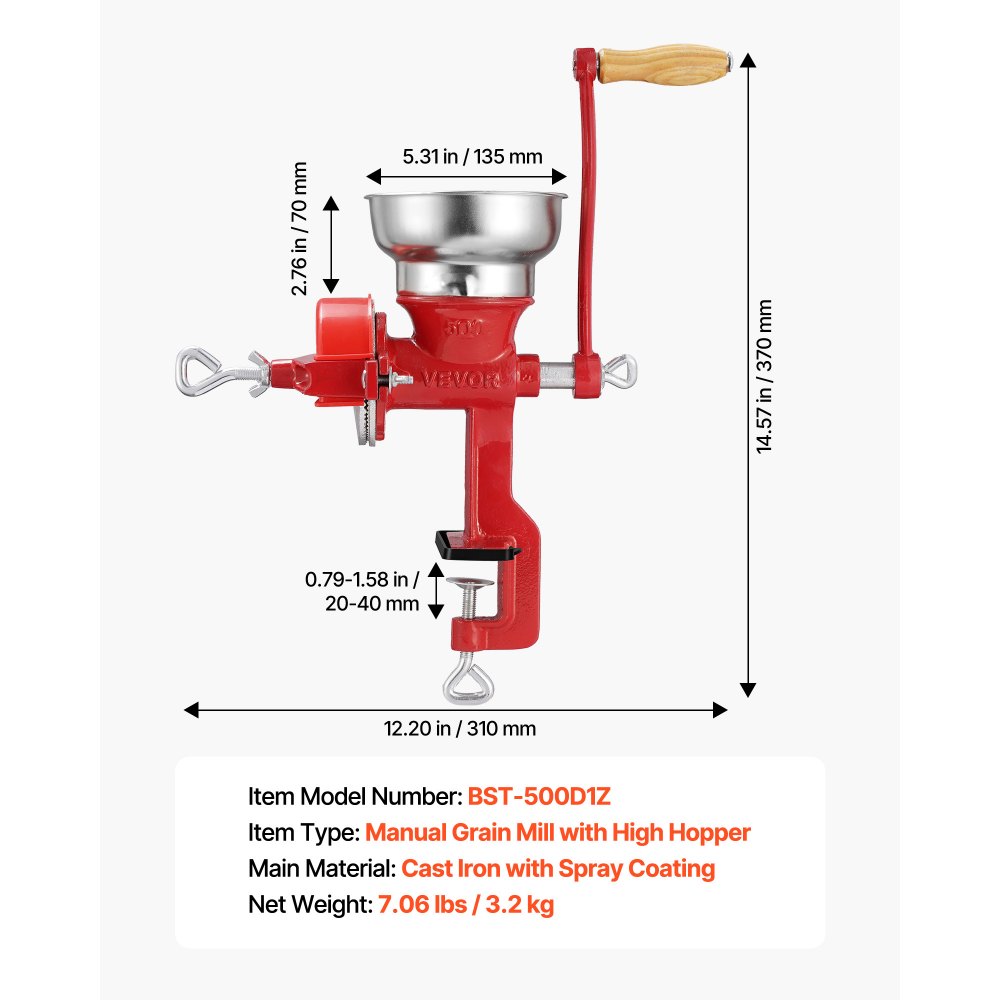 VEVOR Molinillo de Cereales Manual con Manivela y Tolva Baja de 7 cm, Molino de Granos de Hierro Fundido, con Abrazadera de Mesa Estable y Cubierta Antipolvo, para Especias, Café, Nueces, Cereales