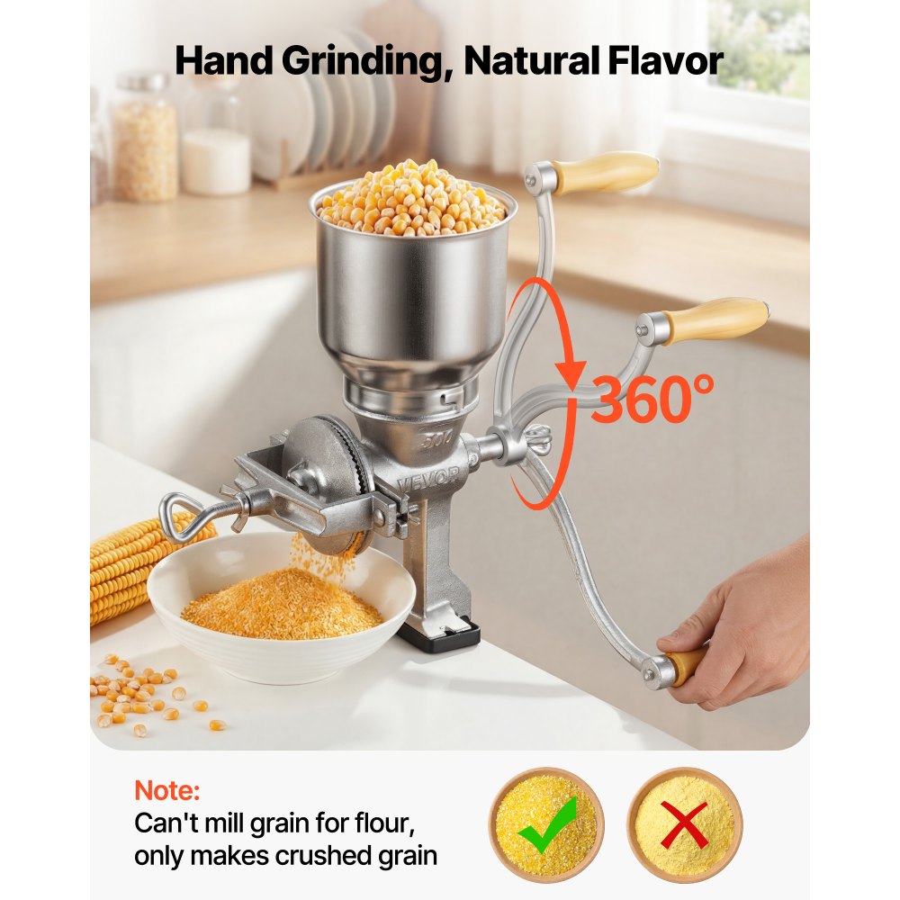 VEVOR Molinillo de Cereales Manual con Manivela y Tolva Alta de 14 cm, Molino de Granos de Hierro Fundido, con Abrazadera de Mesa Estable, Trituradora de Granos para Especias, Café, Nueces, Cereales