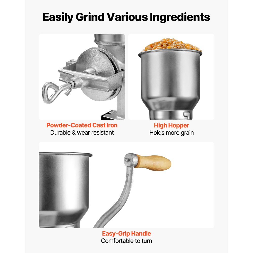 VEVOR Molinillo de Cereales Manual con Manivela y Tolva Alta de 14 cm, Molino de Granos de Hierro Fundido, con Abrazadera de Mesa Estable, Trituradora de Granos para Especias, Café, Nueces, Cereales