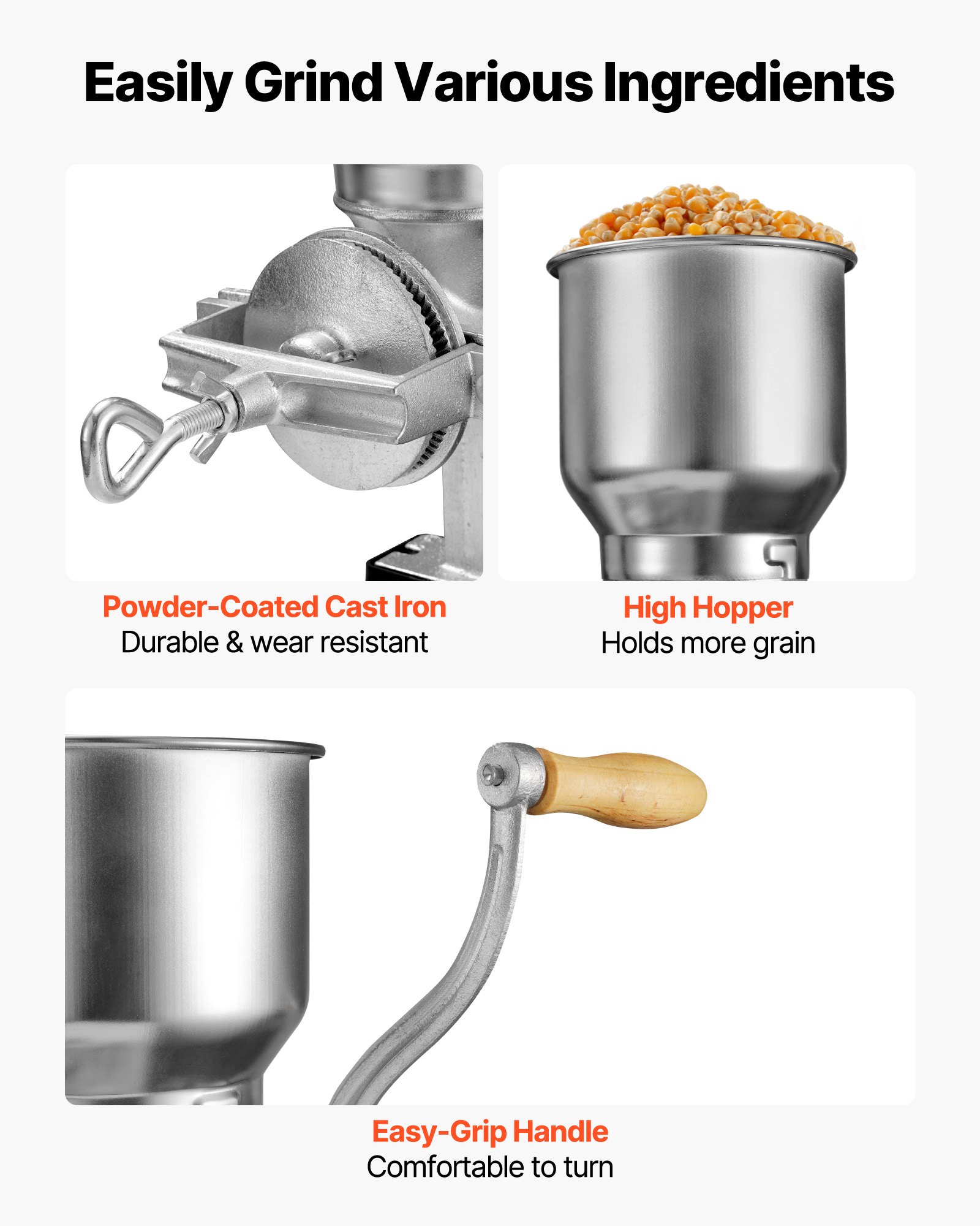 VEVOR Molinillo de Cereales Manual con Manivela y Tolva Alta de 14 cm, Molino de Granos de Hierro Fundido, con Abrazadera de Mesa Estable, Trituradora de Granos para Especias, Café, Nueces, Cereales