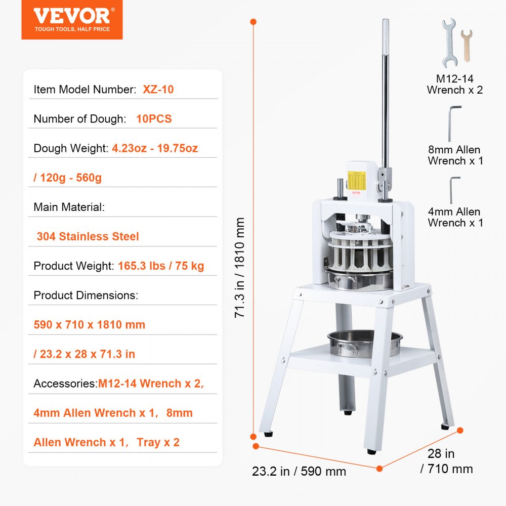 VEVOR Máquina Divisor de Masa Manual 10 Piezas Cortador de Masa de Prensa Manual Vertical 120-560 g con Bandeja y Hoja de Acero Inoxidable Máquina para Hacer Pan para Panadería, Restaurante