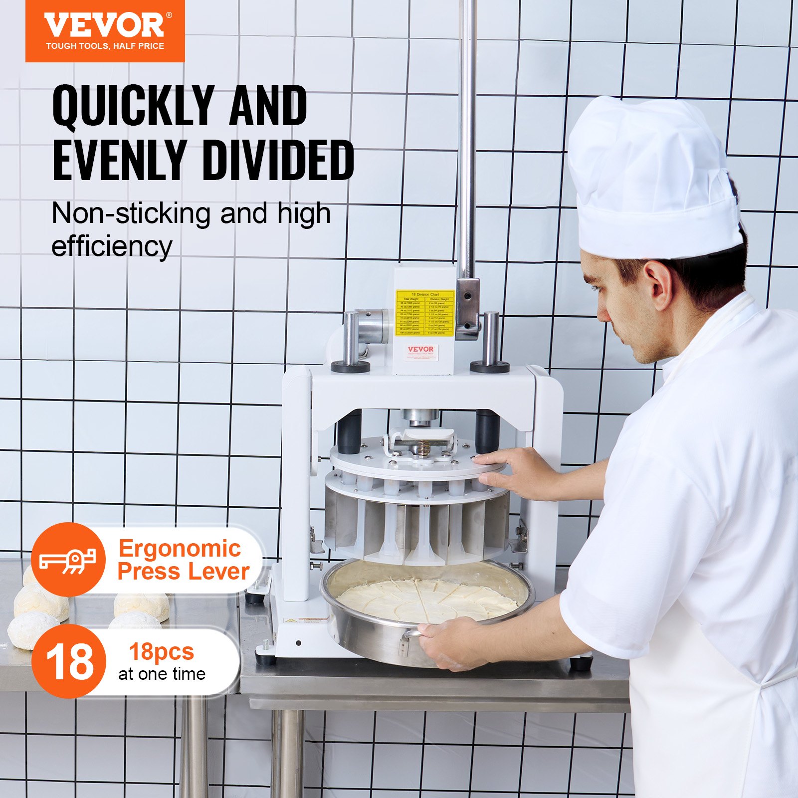 VEVOR Dough Divider 18-Piece Manual Dough Divider Machine, 60-280 g Tabletop Hand Press Dough Cutter with Tray and Blade Made of 304 Stainless Steel, Bread Maker for Bakery, Restaurant, Commercial Use