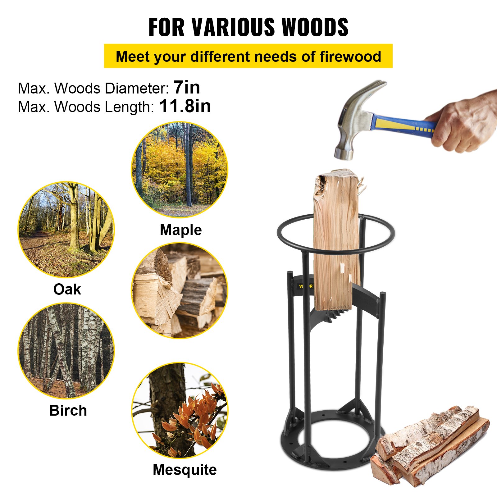 VEVOR Cortador de Leña Manual 25,5 x 25,5 x 53,5 cm Partidor de Troncos de Acero