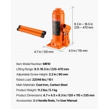 VEVOR Gato Hidráulico de Botella, Capacidad de 10 T, Rango de Elevación de 235-470 mm, para Automóviles, SUV, Camionetas, Talleres Mecánicos, Elevadores de Viviendas y Equipos Agrícolas, Naranja