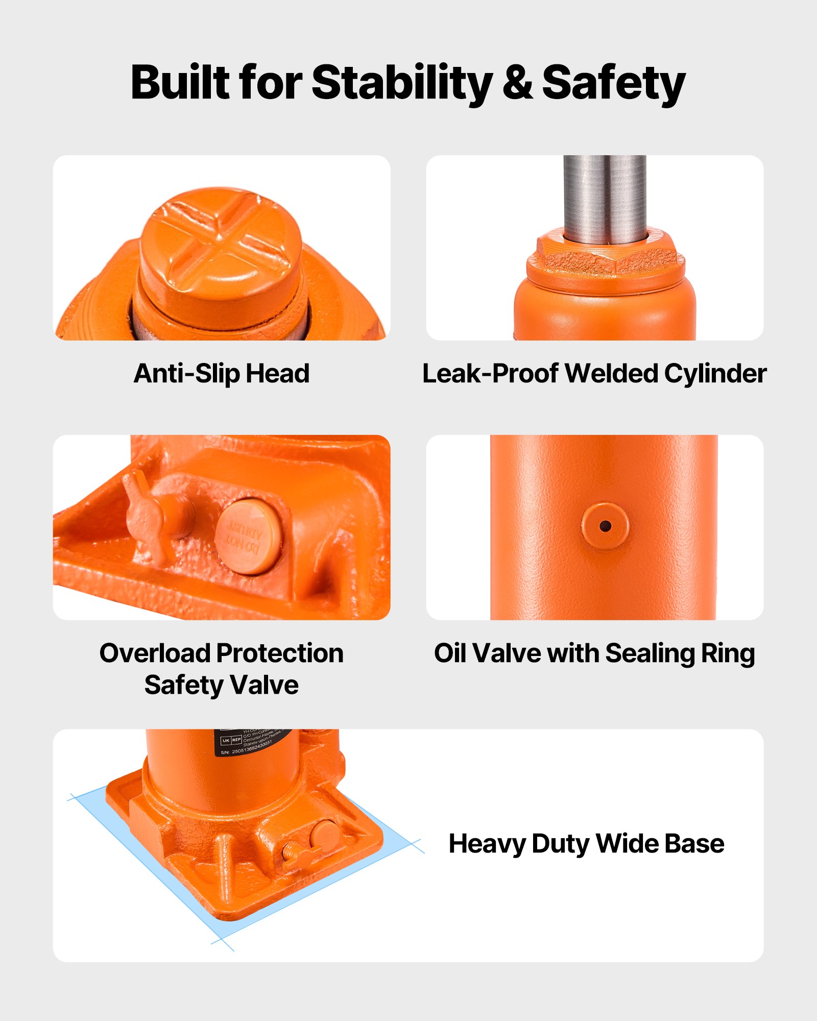 VEVOR Gato Hidráulico de Botella, Capacidad de 10 T, Rango de Elevación de 235-470 mm, para Automóviles, SUV, Camionetas, Talleres Mecánicos, Elevadores de Viviendas y Equipos Agrícolas, Naranja