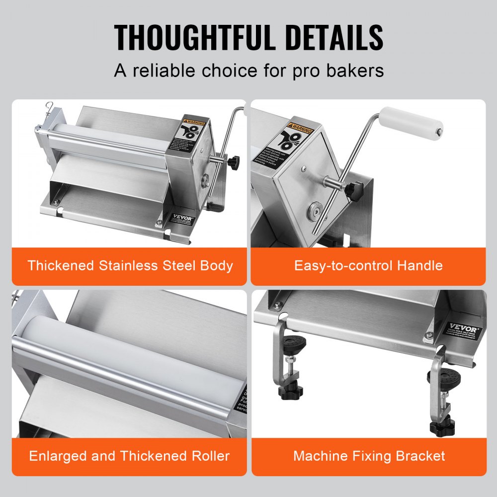 VEVOR Manual Dough Roller, Stainless Steel, Detachable Handle, Plate, Max. 12 mm Adjustable Thickness, for Home or Small Commercial Kitchens