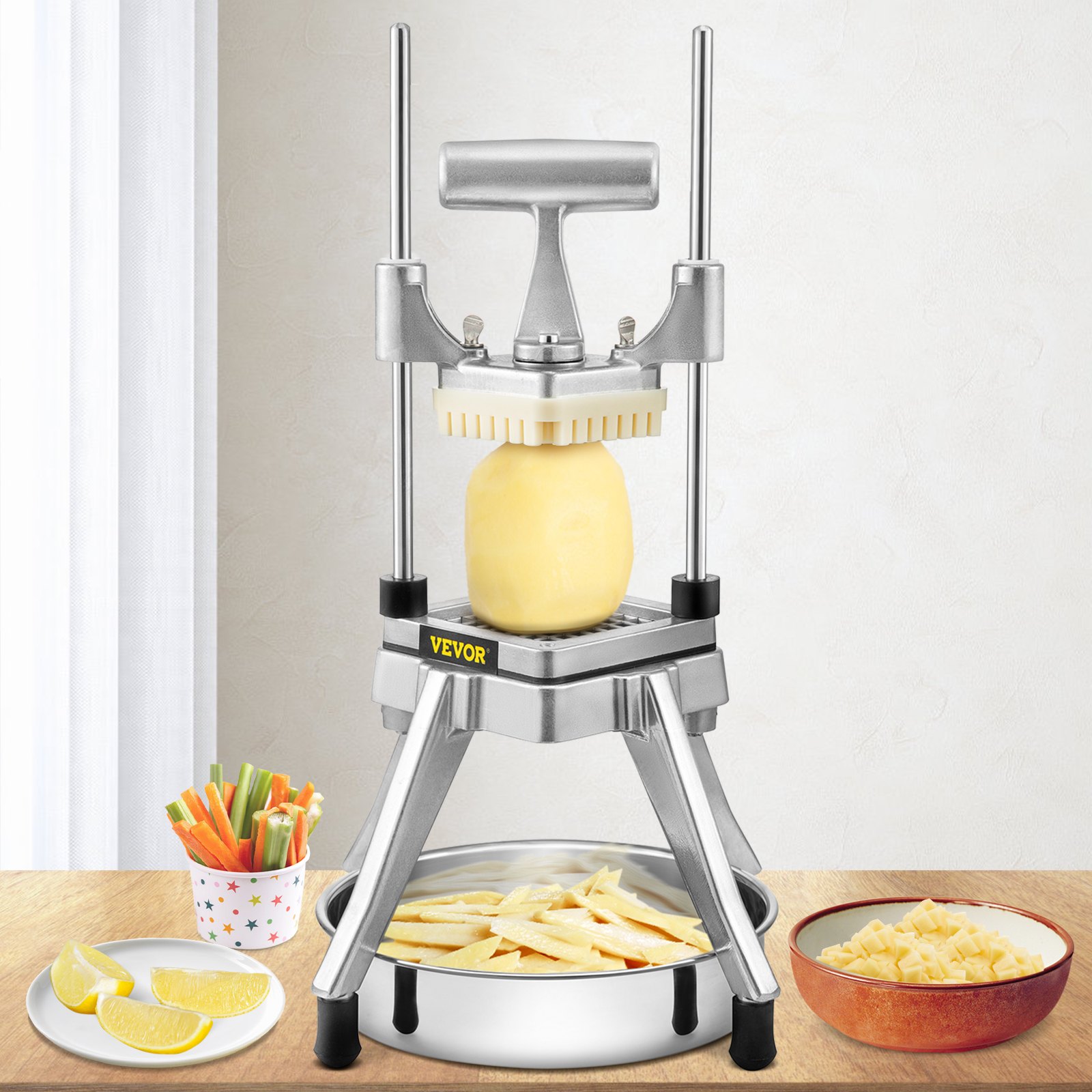 Picadora de verduras comercial VEVOR que corta patatas con cuencos de verduras picadas y en rodajas