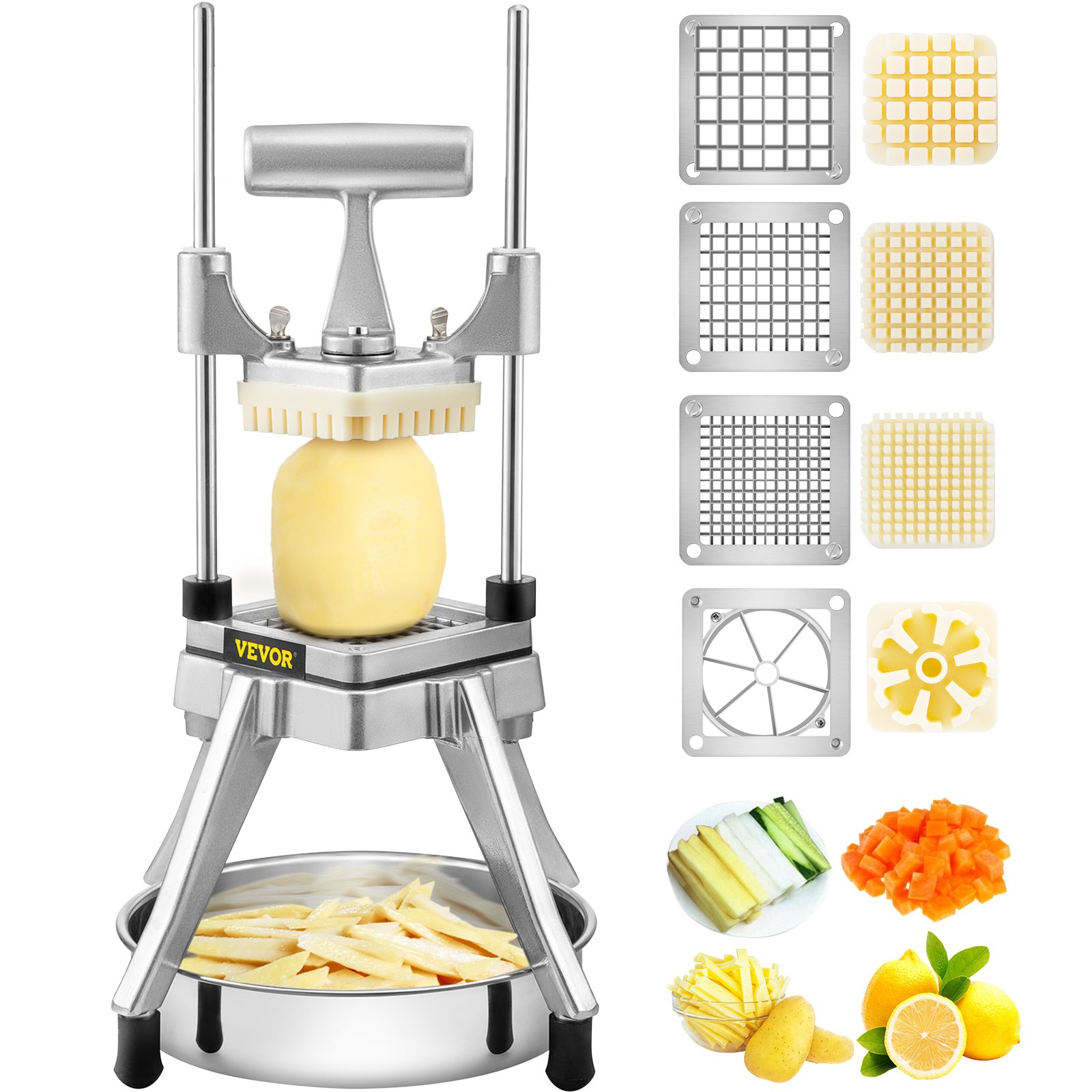 Picadora de verduras comercial VEVOR con cuchillas intercambiables y verduras cortadas en cubitos.