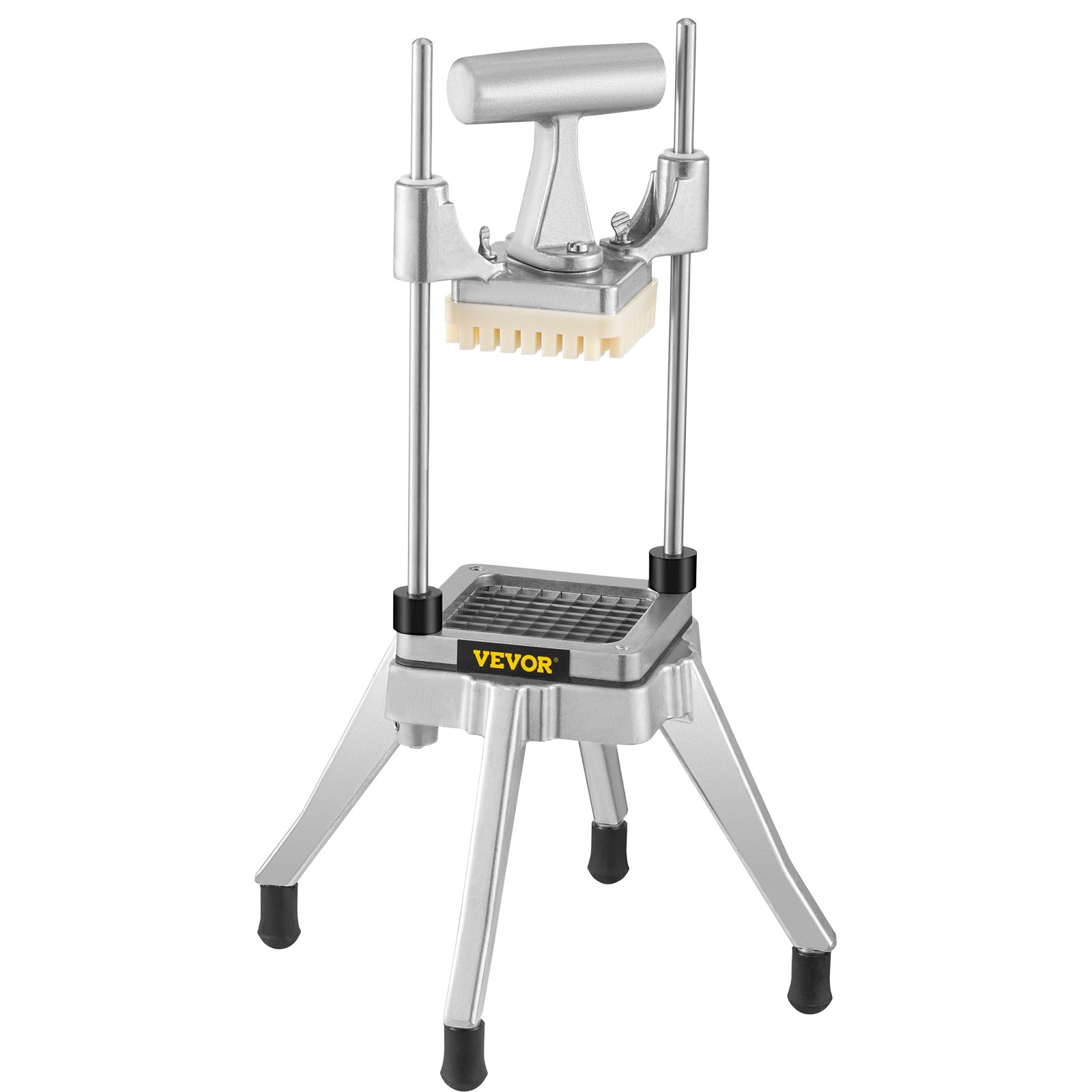 Picadora de verduras comercial VEVOR con cuchillas de acero inoxidable sobre una base de trípode resistente.