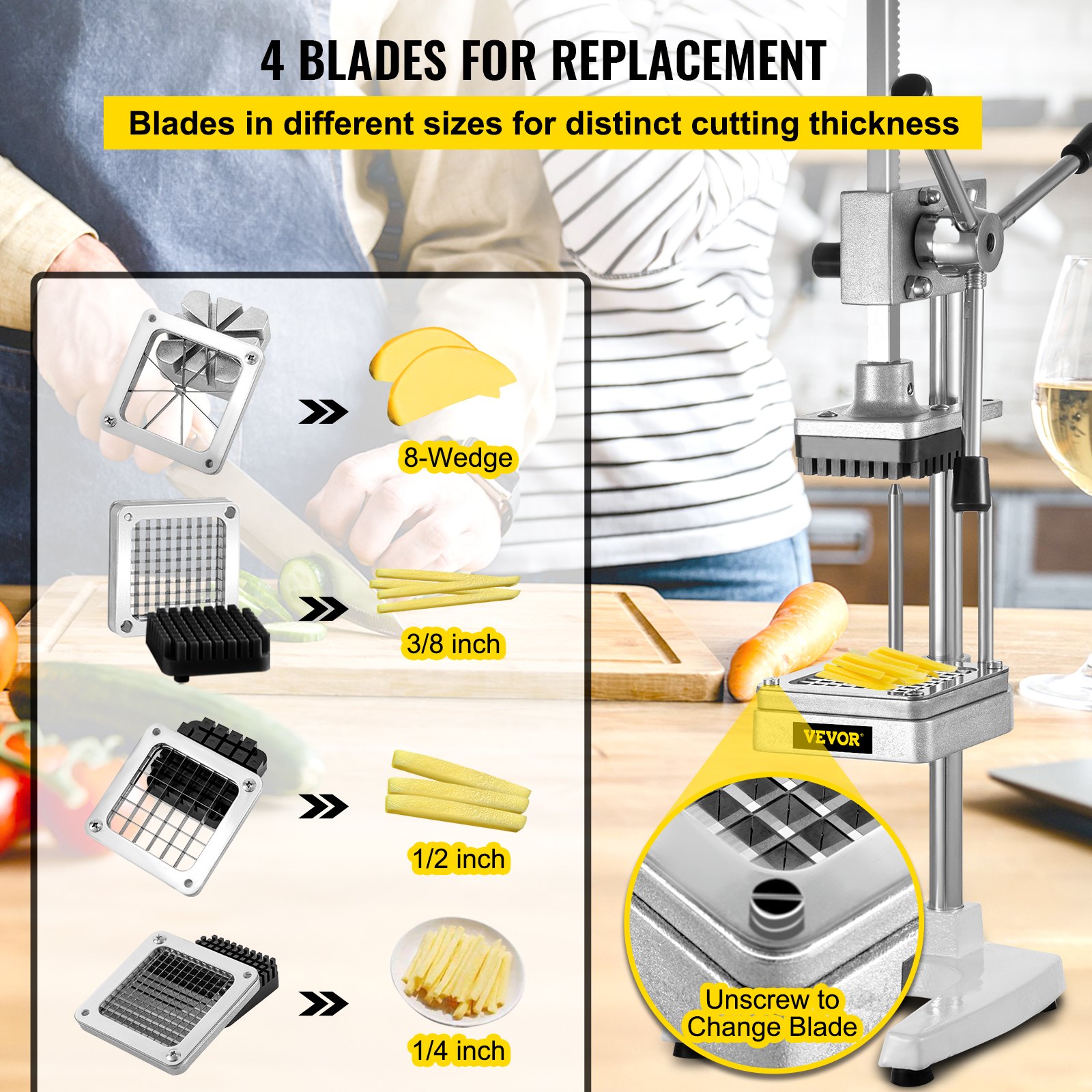 VEVOR Cortador Comercial de Frutas Vegetales con 4 Cuchillas de Acero Inoxidable 1/2" 3/8" 1/4" 8 Rebanadas Astilladora de Patatas Comercial Aleación de Aluminio Cortadora de Patatas Fritas Picadoras