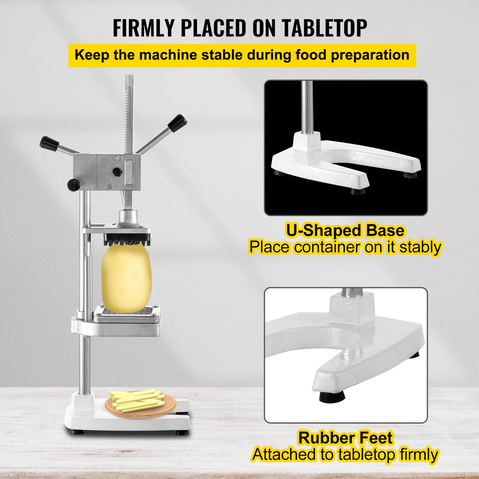 VEVOR Cortador Comercial de Frutas Vegetales con 4 Cuchillas de Acero Inoxidable 1/2" 3/8" 1/4" 8 Rebanadas Astilladora de Patatas Comercial Aleación de Aluminio Cortadora de Patatas Fritas Picadoras