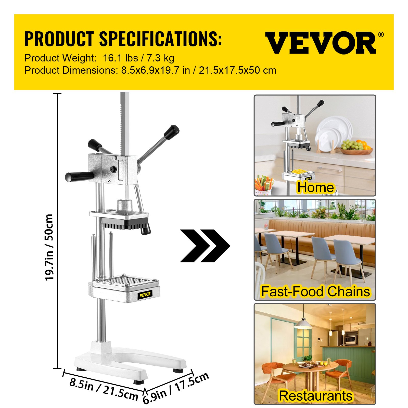 VEVOR Cortador Comercial de Frutas Vegetales con 4 Cuchillas de Acero Inoxidable 1/2" 3/8" 1/4" 8 Rebanadas Astilladora de Patatas Comercial Aleación de Aluminio Cortadora de Patatas Fritas Picadoras
