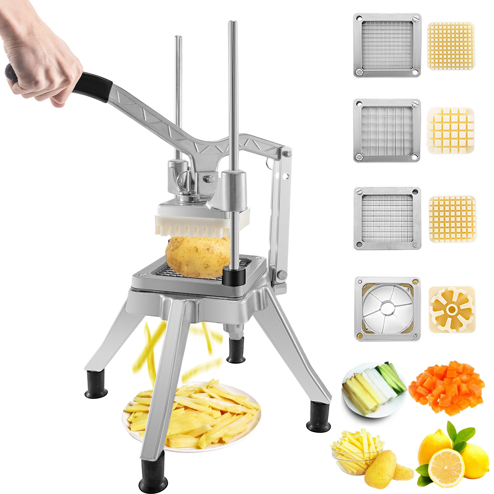 Picadora de verduras comercial VEVOR con cuchillas intercambiables y verduras cortadas en cubitos.