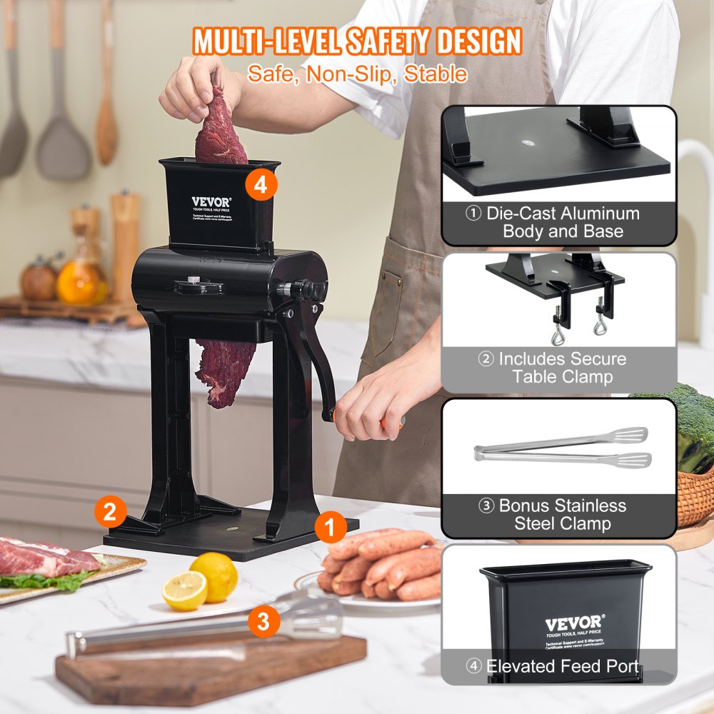 VEVOR Ablandador de Carne Comercial Ablandador de Carne de Acero Inoxidable, Herramienta de Cocina Manual Rápida y Fácil, Puerto de Alimentación de 148 mm para Carne de Res, Pavo, Pollo, Cerdo