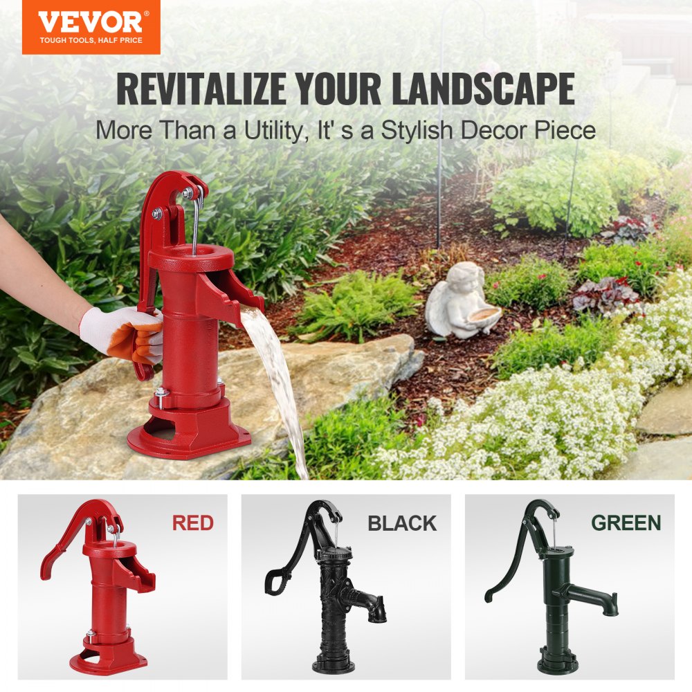 VEVOR Bomba de Agua de Pozo Manual Elevación Máxima de 7,6 m Bomba de Pozo de Hierro Fundido con Mango Ergonómico G1-5/8" Fácil Instalación para Exterior, Hogar, Patio, Jardín, Estanque, Granja, Rojo