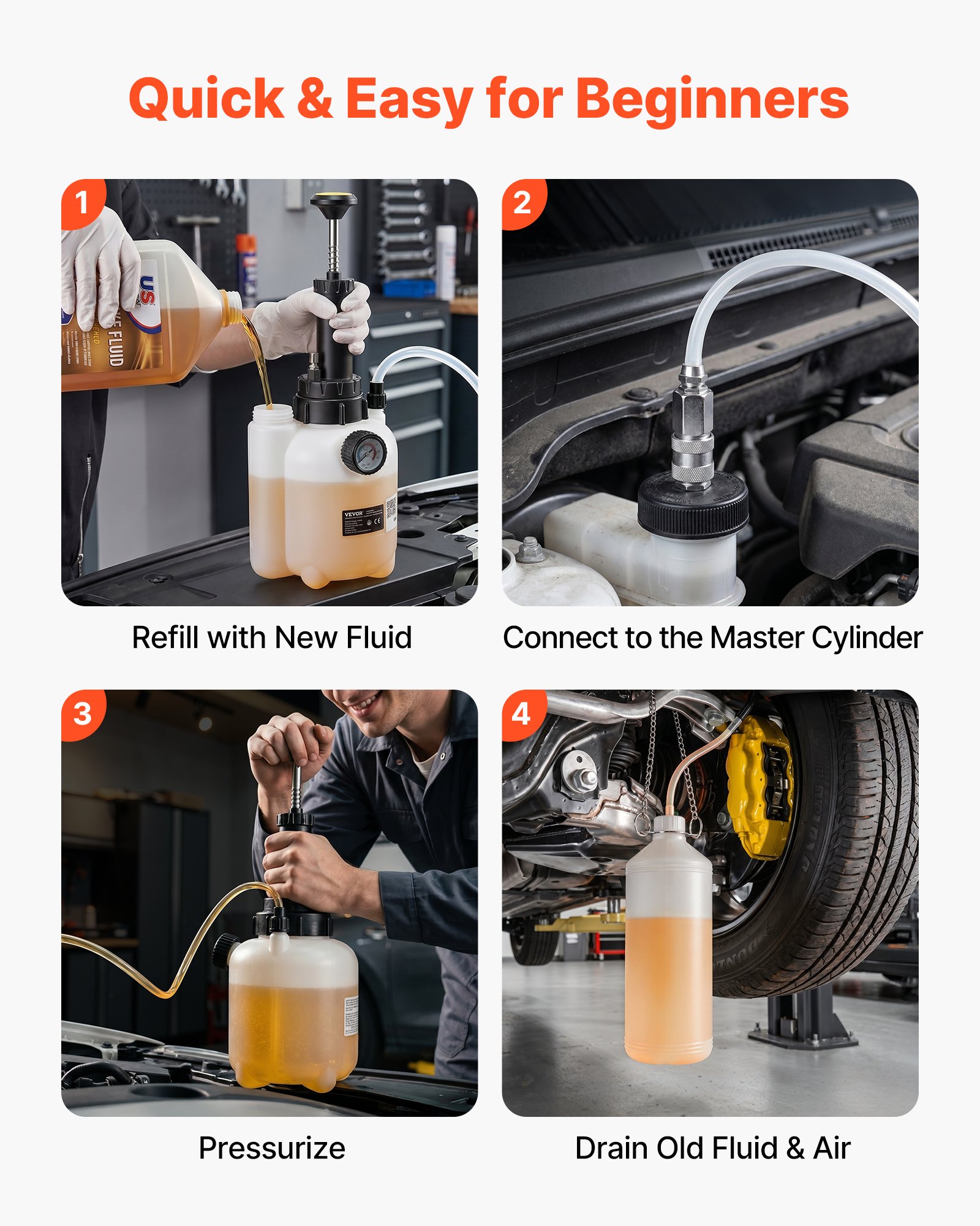 VEVOR Purgador de Frenos Manual 3 L, Kit de Purga de Frenos con Adaptador para Cilindro Maestro de 43,2 mm, Botella de Residuos de 1 L, para Una Persona, Compatible con la Mayoría de los Vehículos