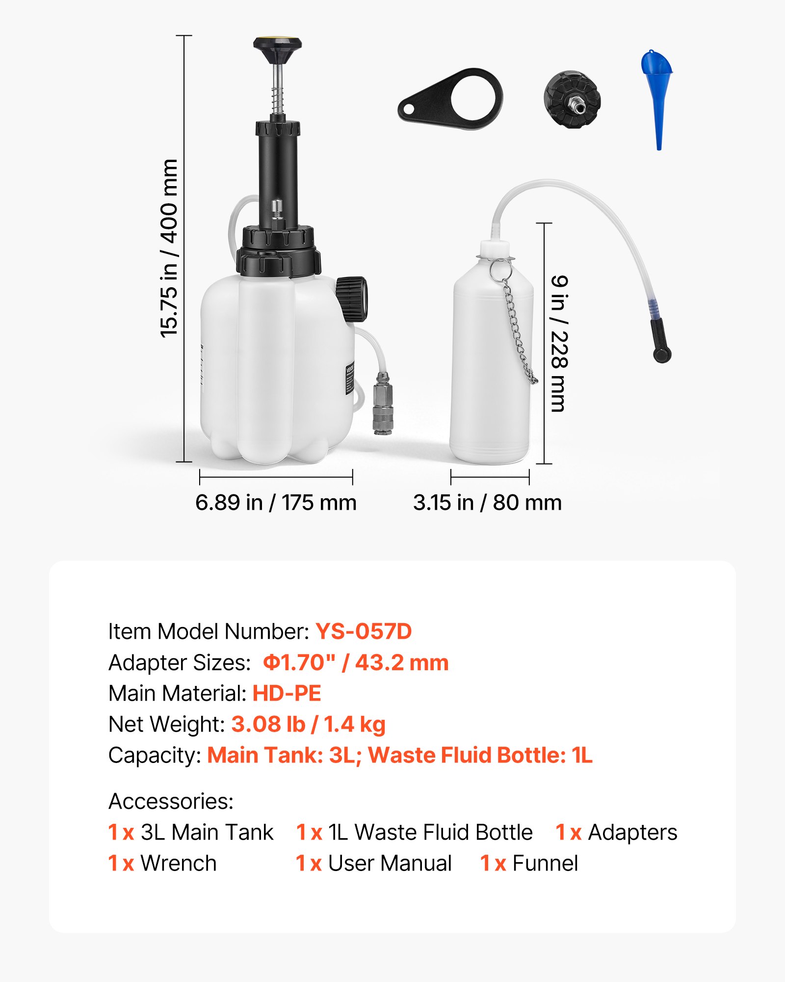 VEVOR Purgador de Frenos Manual 3 L, Kit de Purga de Frenos con Adaptador para Cilindro Maestro de 43,2 mm, Botella de Residuos de 1 L, para Una Persona, Compatible con la Mayoría de los Vehículos
