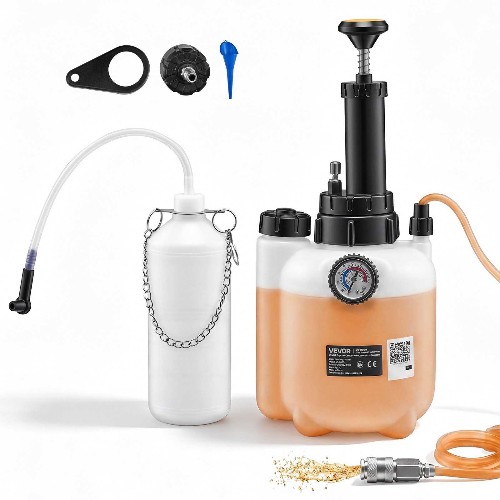 VEVOR Purgador de Frenos Manual 3 L, Kit de Purga de Frenos con Adaptador para Cilindro Maestro de 43,2 mm, Botella de Residuos de 1 L, para Una Persona, Compatible con la Mayoría de los Vehículos