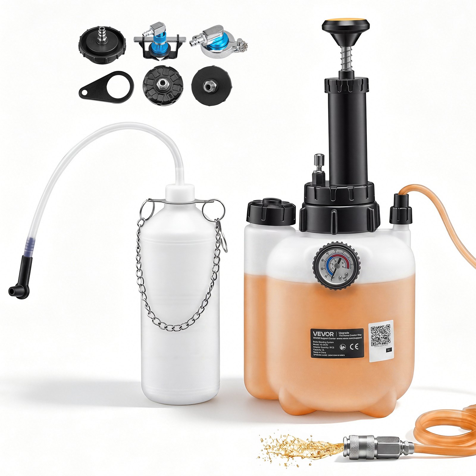 VEVOR Purgador de Frenos Manual 3 L, Kit de Purga de Frenos con 5 Adaptadores para Cilindro Maestro, Botella de Residuos de 1 L, Cambio de Líquido del Vehículo, Compatible con Mayoría de Vehículos