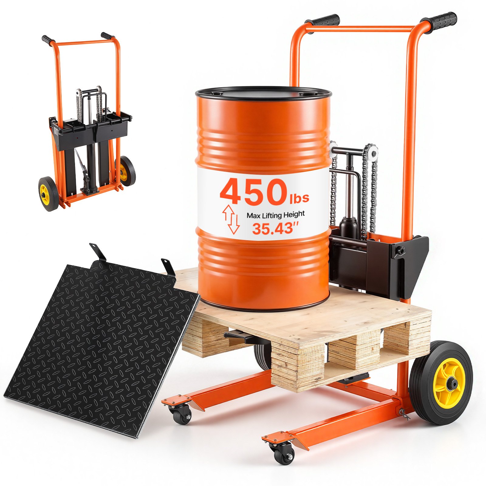 VEVOR Apilador Manual Hidráulico de Palets Plegable, Elevador 2 en 1 con Pedal, Acero Carbono, Capacidad 205 kg, Altura Ajustable 70 a 900 mm, Compacto y Portátil, para Almacén, Carga y Transporte