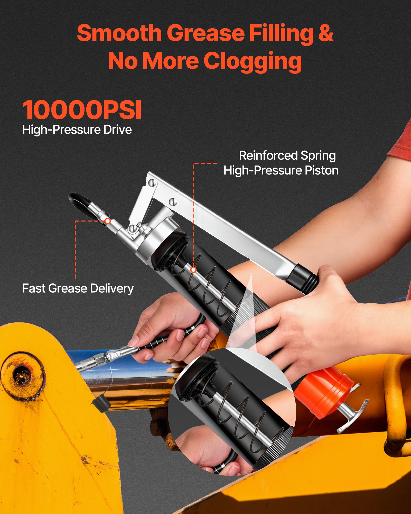 VEVOR Grease Gun, 10000 PSI High Pressure, Heavy Duty Pistol Grip Grease Gun Kit with 0.4 L Capacity, Includes 46 cm Flex Hose, 1 Extension Rigid Pipe and 1 Sharp Type Nozzle for Automotive, Marine