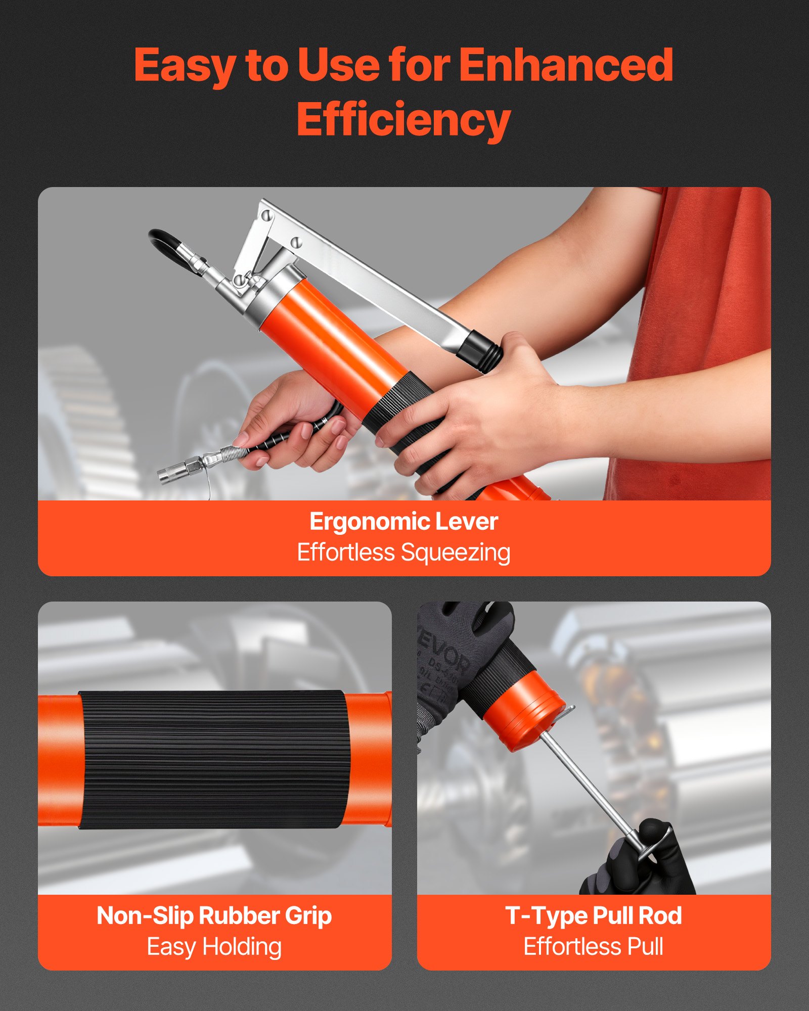 VEVOR Grease Gun, 10000 PSI High Pressure, Heavy Duty Pistol Grip Grease Gun Kit with 0.4 L Capacity, Includes 46 cm Flex Hose, 1 Extension Rigid Pipe and 1 Sharp Type Nozzle for Automotive, Marine