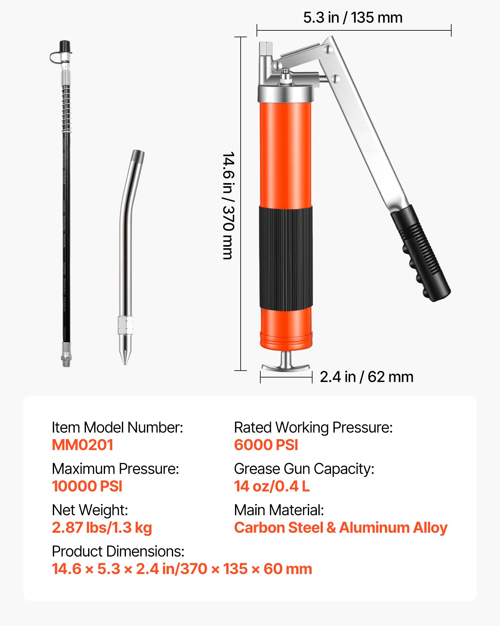 VEVOR Pistola de Engrase 10000 PSI, con Empuñadura de Pistola y Capacidad de 0,4 L, Incluye Manguera Flexible de 46 cm, 1 Tubo de Extensión Rígido y 1 Boquilla Afilada para Automoción y Náutica