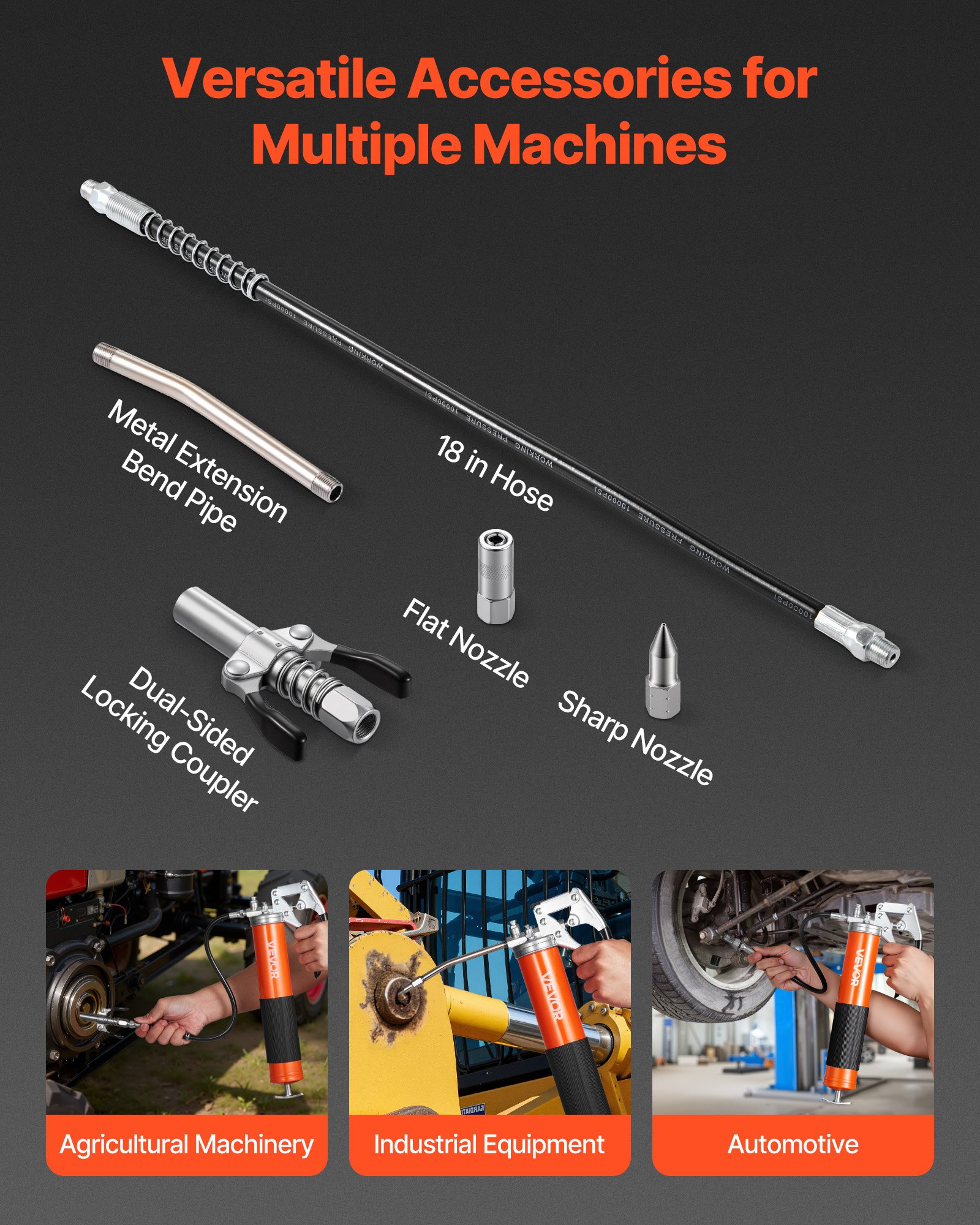 VEVOR Pistola de Engrase 8000 PSI, con Empuñadura de Pistola y Capacidad de 0,4 L, con Manguera Flexible de 46 cm, Doble Asa, Tubo Rígido de Extensión y Boquilla Afilada para Automoción y Náutica