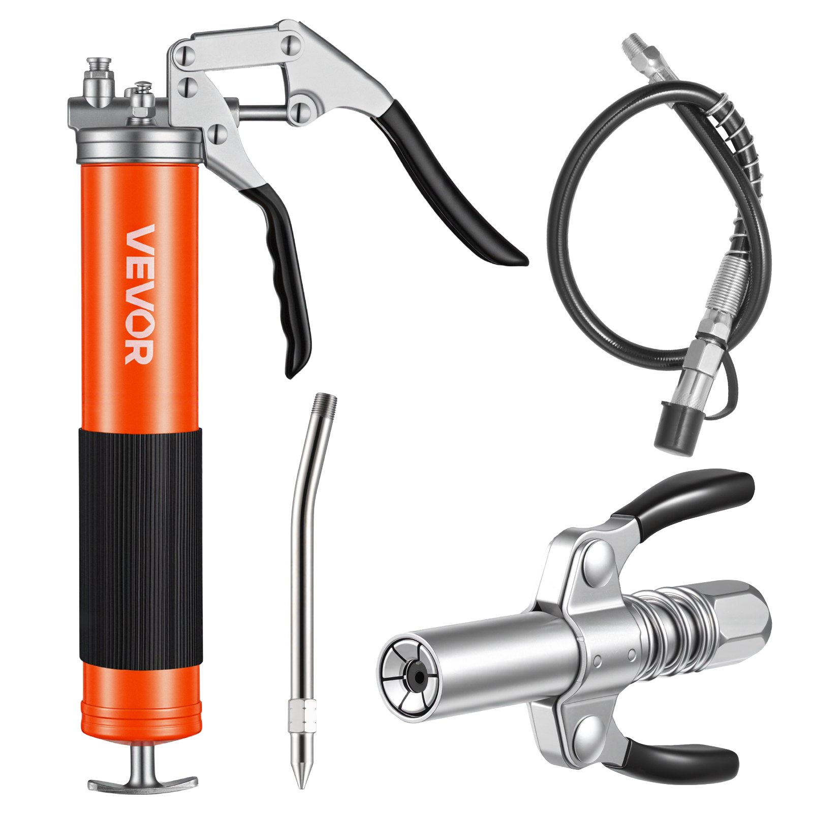 VEVOR Pistola de Engrase 8000 PSI, con Empuñadura de Pistola y Capacidad de 0,4 L, con Manguera Flexible de 46 cm, Doble Asa, Tubo Rígido de Extensión y Boquilla Afilada para Automoción y Náutica