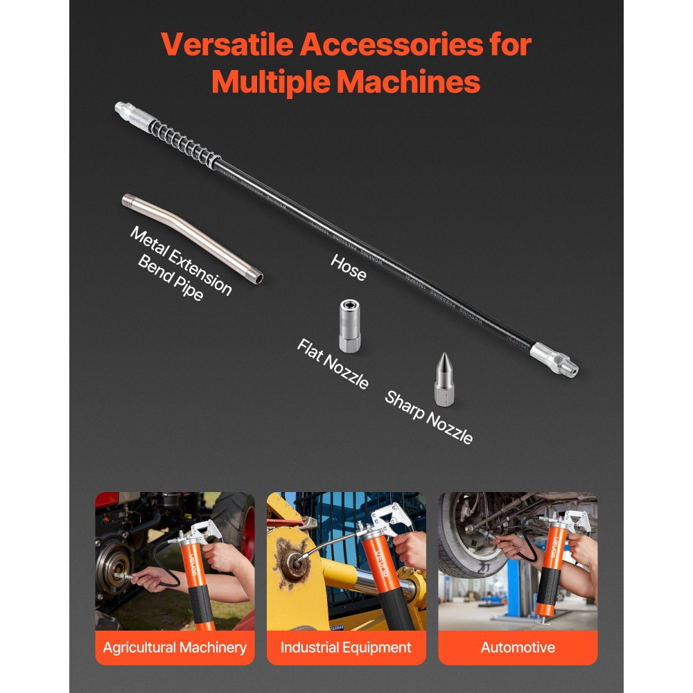 VEVOR Grease Gun, 8000 PSI High Pressure, Heavy Duty Pistol Grip Grease Gun Kit with 0.4 L Capacity, Includes 46 cm Flex Hose, 1 Extension Rigid Pipe and 1 Sharp Type Nozzle for Automotive, Marine