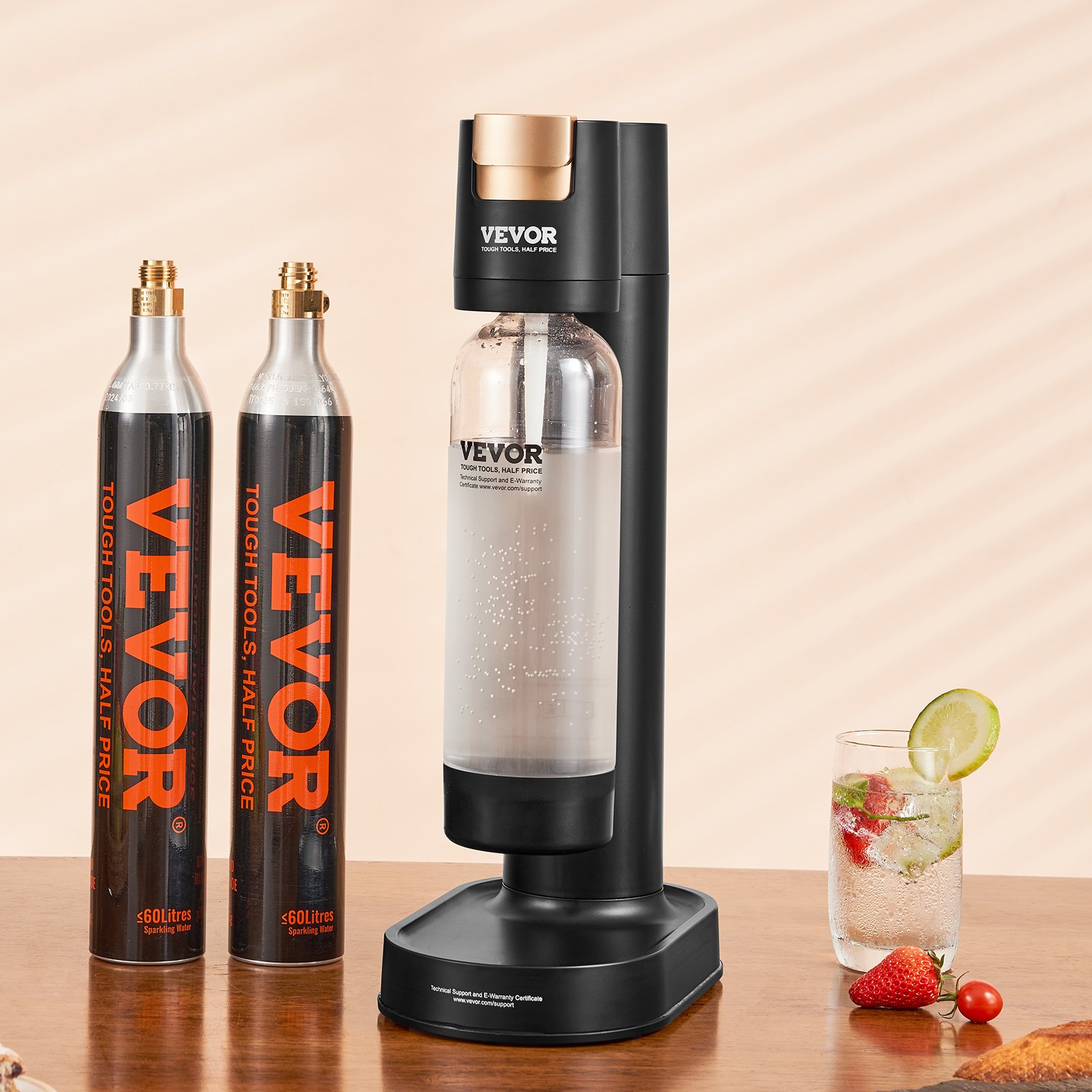 VEVOR Sparkling Water Maker, Sparkling Water Starter Set with BPA-free 1L PET bottle, 2 CO2 bottles, compatible with screw-in 60L CO2 bottles, Black (CO2 free)