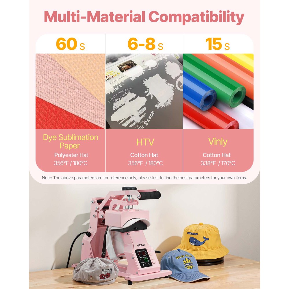 VEVOR Máquina de Prensado Térmico, Prensa de Transferencia Térmica con 4 Platinas Intercambiables, Control Preciso de Tiempo y Temperatura, Máquina de Sublimación HTV para Gorras, Diademas, Rosa